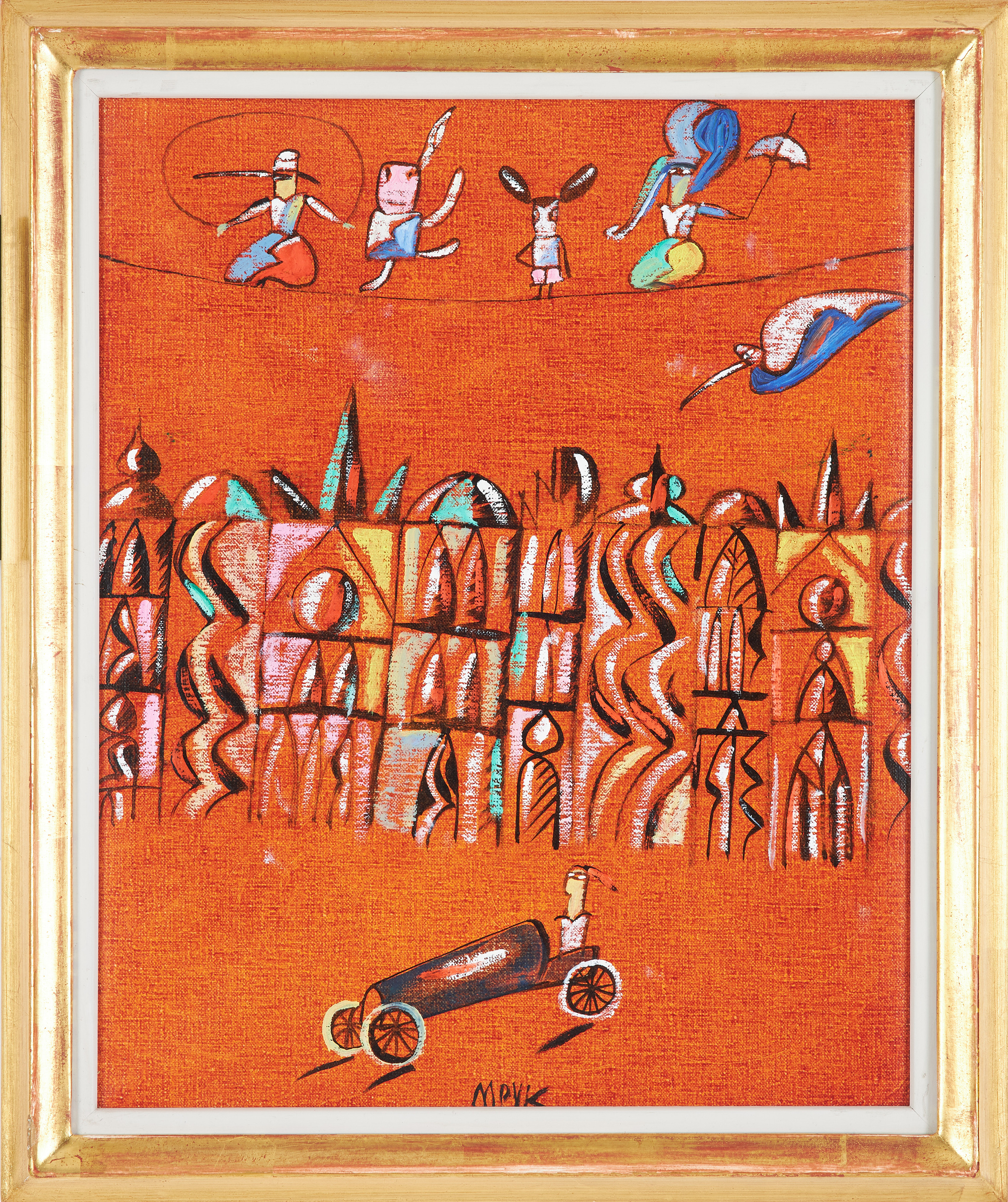 MADELEINE PYK. Stadsmotiv med lindans, olja på duk, signerad M Pyk.