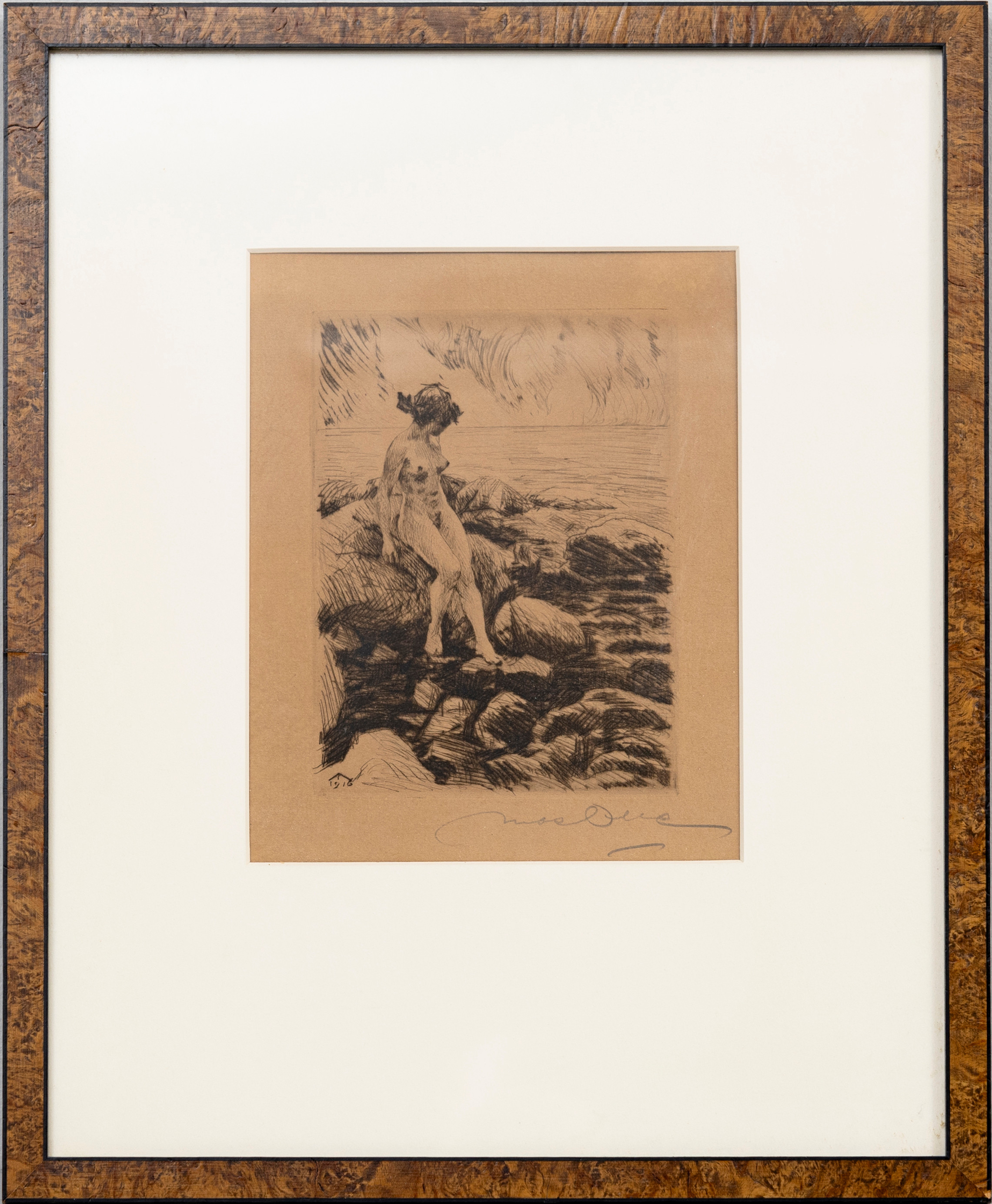 HELMER MASOLLE. Solbadande kvinna på klipphäll, etsning, signerad, daterad i trycket 1916.