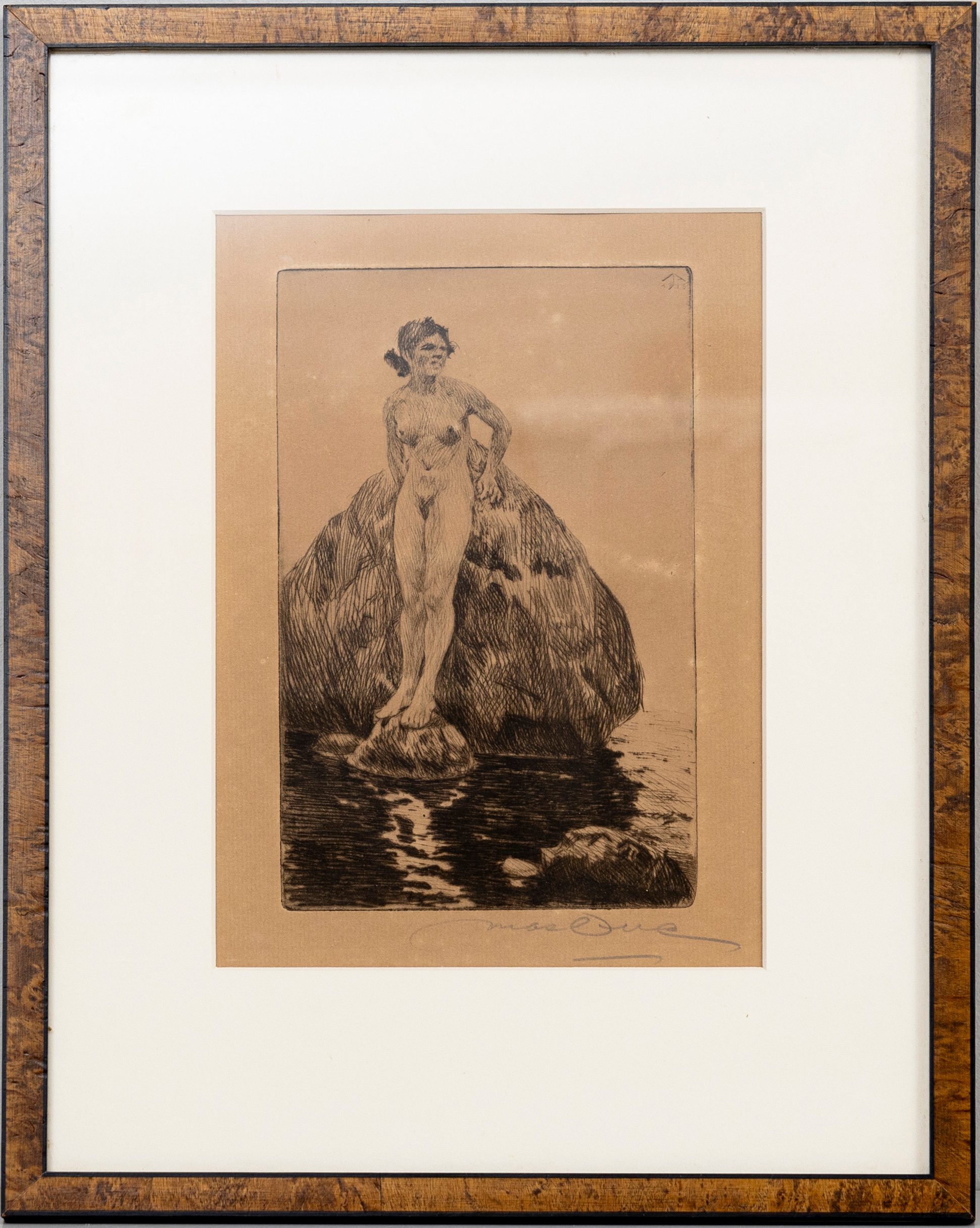 HELMER MASOLLE. Solbadande kvinna lutandes mot sten, etsning, signerad, daterad i trycket 1916.