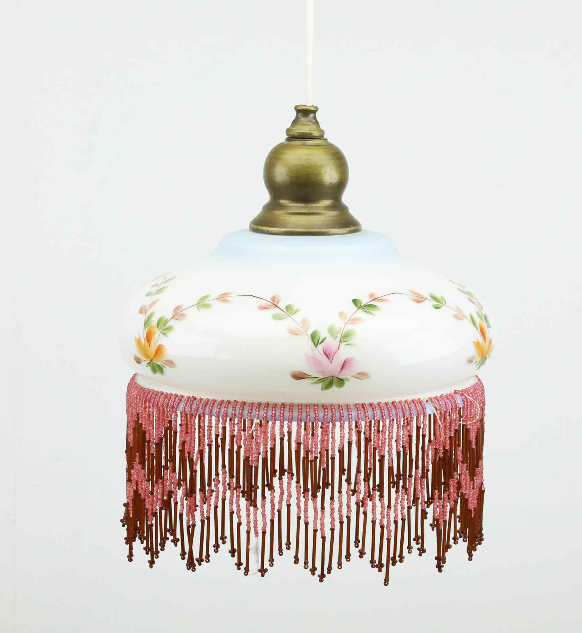TAKLAMPA, glas, fransar jugendstil, 1900-tal.