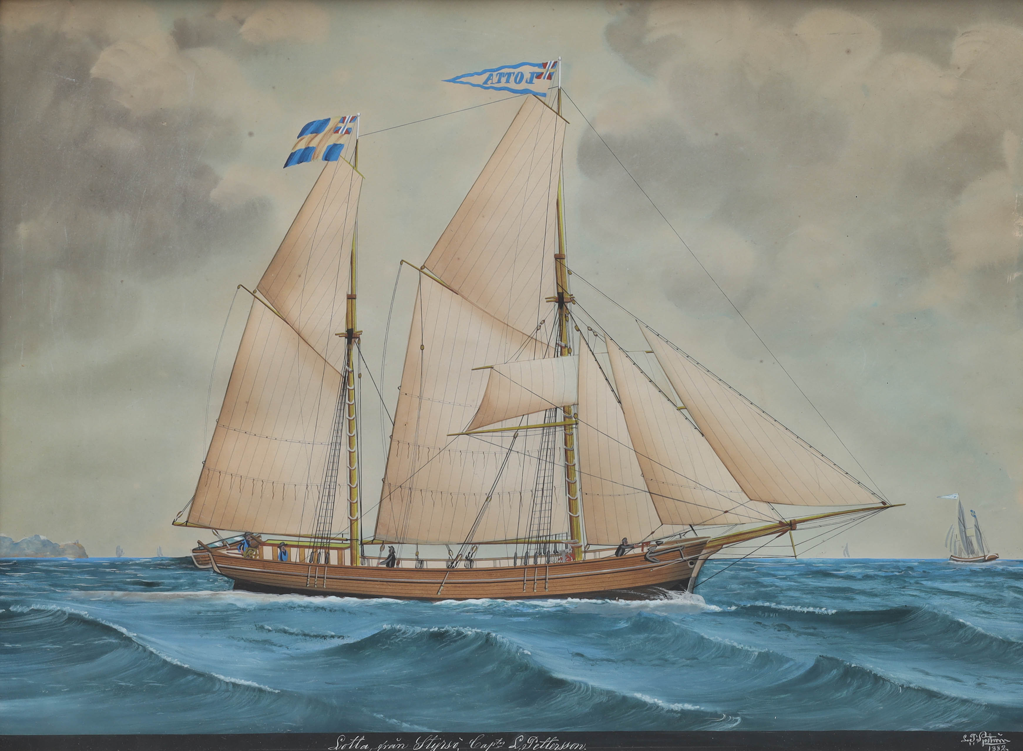 LARS PETTER SJÖSTRÖM. gouache på papper, fartygsporträtt, "Lotta, från Styrsö", signerad L.P. Sjöström, daterad 1882.