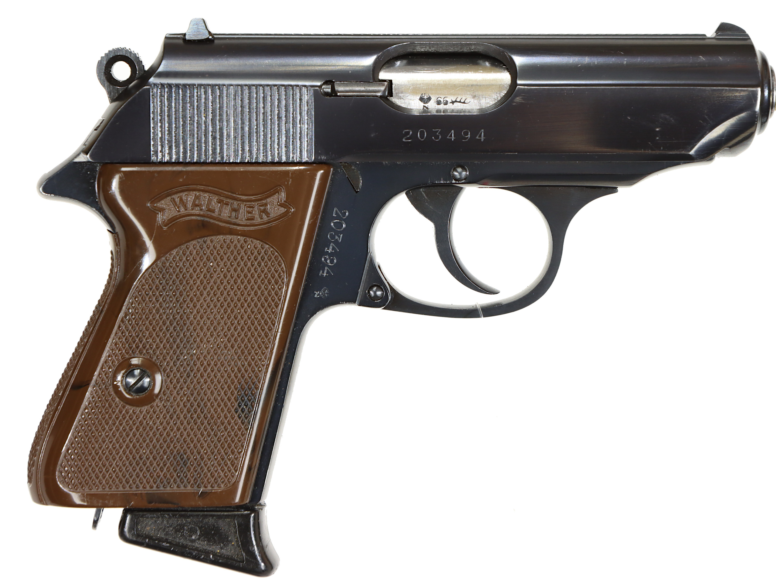 PISTOL, fabrikat Walther Ulm, modell PPK, kaliber 7,65mm, tillv.nr 203494, se-nr SE0235836.