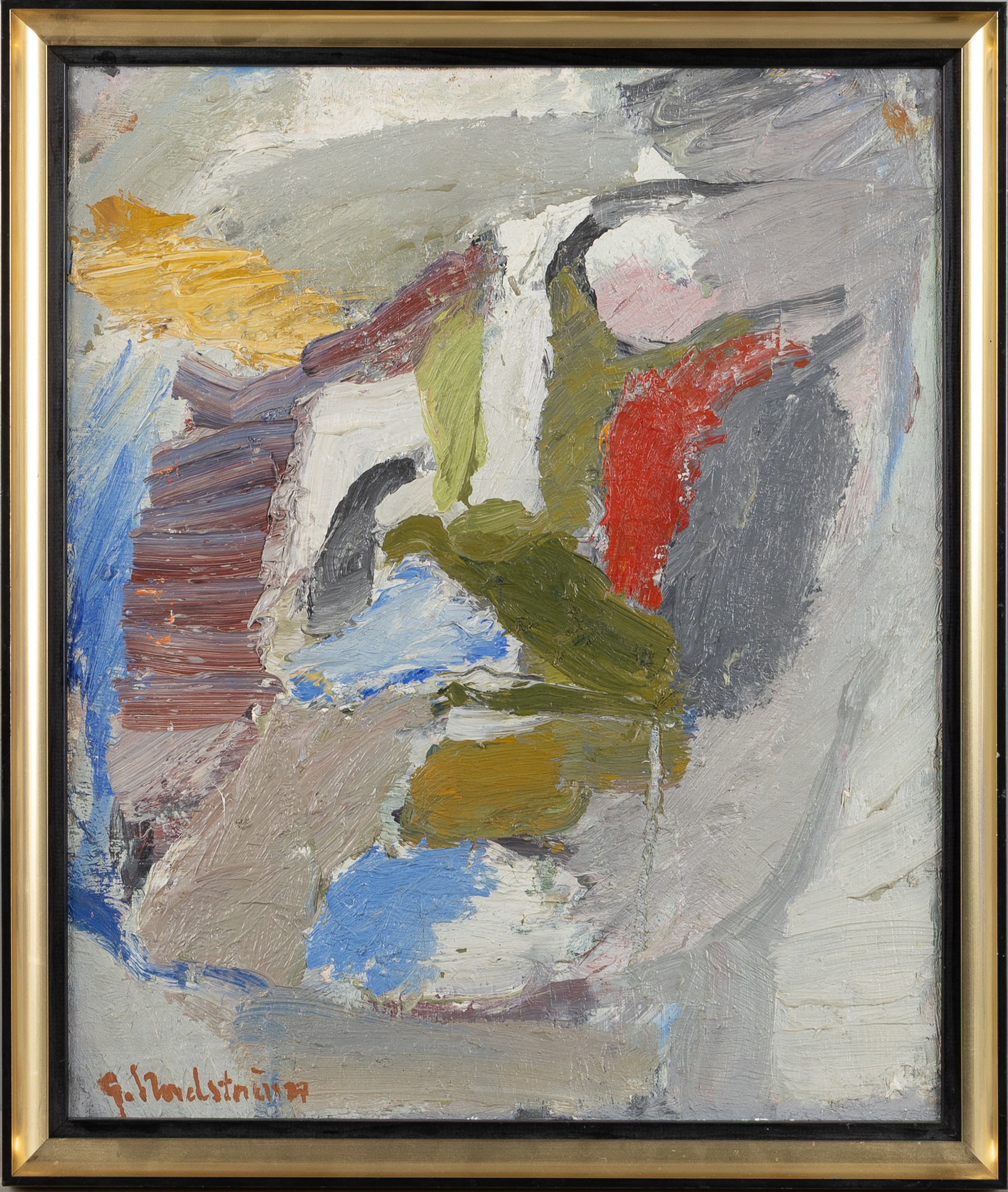 GERHARD  NORDSTRÖM. Abstrakt komposition, olja på pannå, signerad -77.