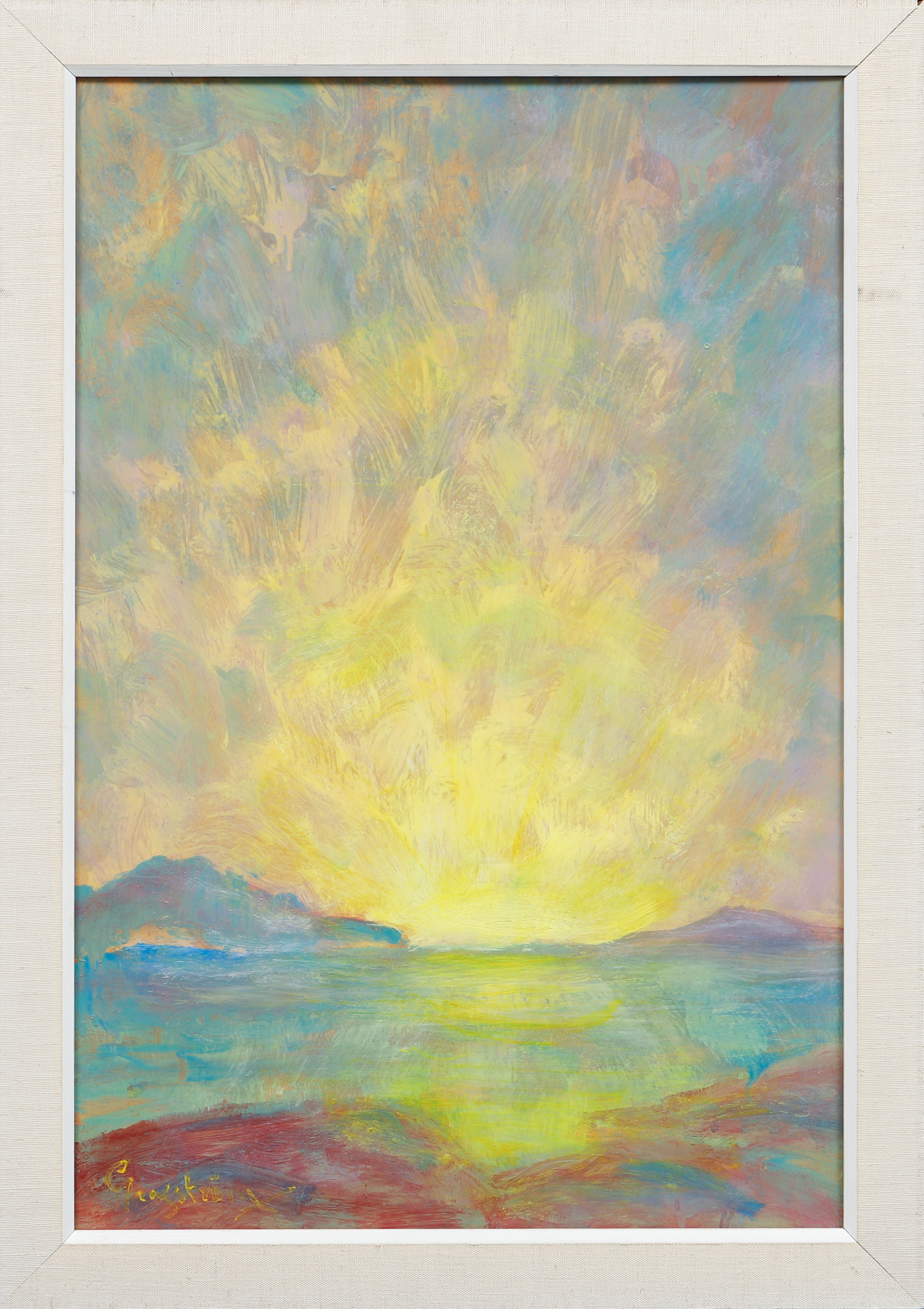 GUSTAF GRAFSTRÖM. "Sol går ned i Bottenviken", olja på pannå, signerad.