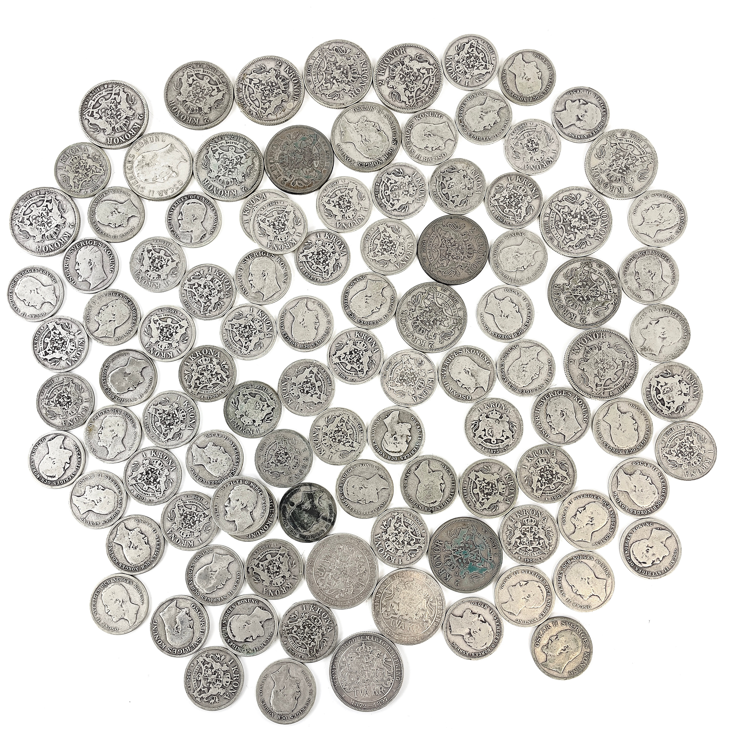 PARTI MYNT, silver 80%, 1- och 2-kronor, 1800/1900-tal, Oscar II. Total vikt ca 890 gram.