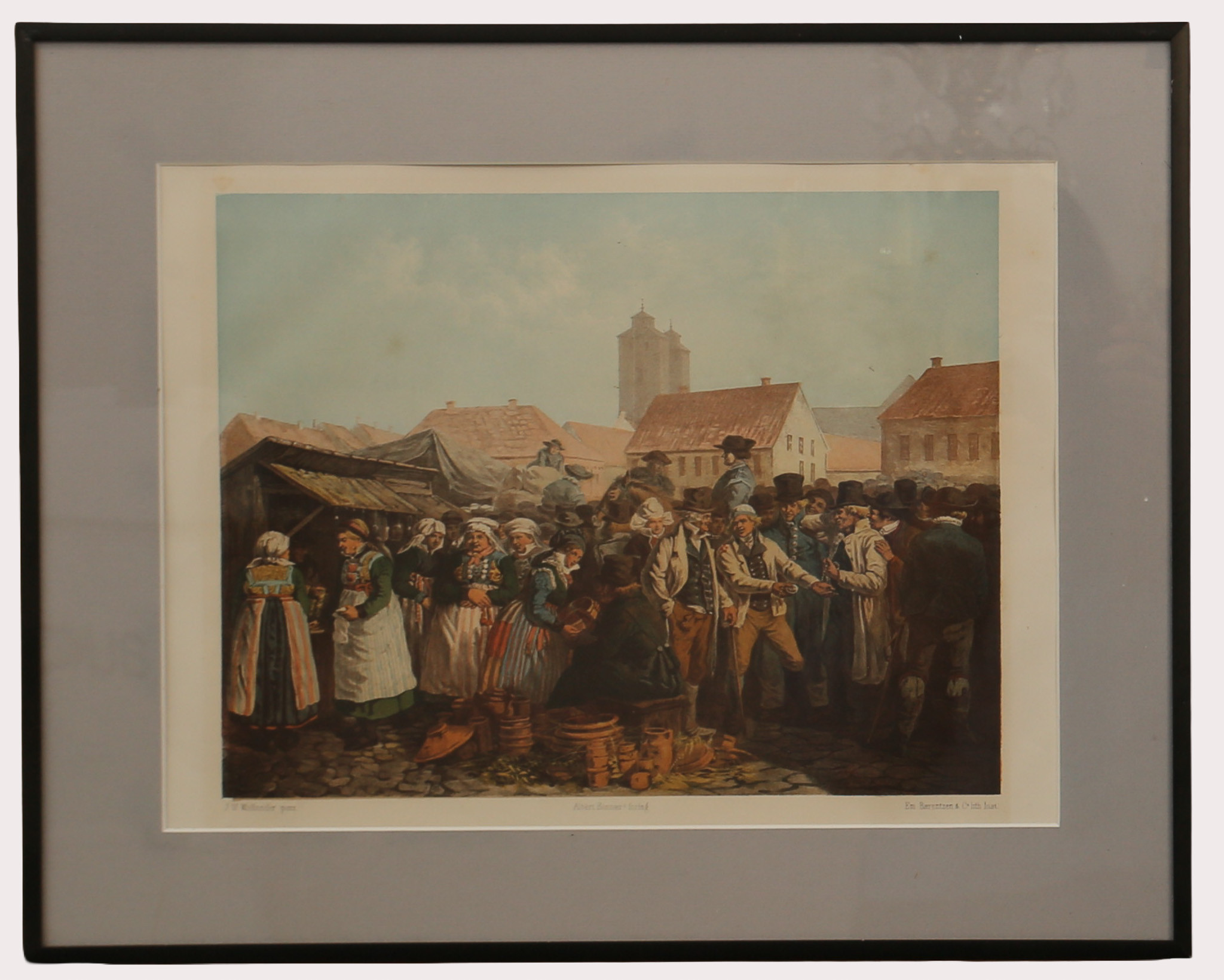 J.W.WALLANDER. efter, färglitografi, "Torgdag i Lund", motivet skapades år 1858. Tryckt under 1800-talets slut.