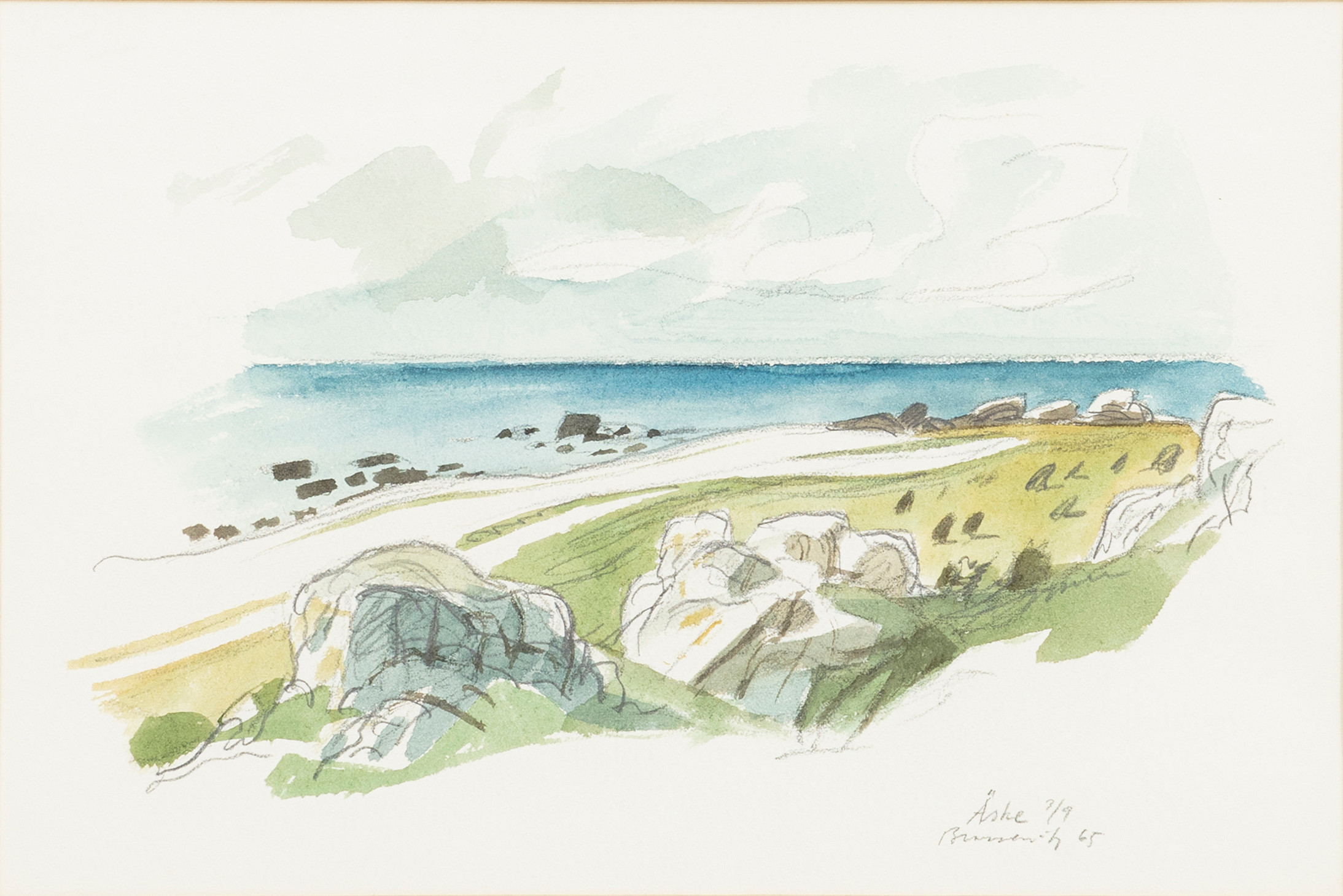 GUNNAR BRUSEWITZ. Kustmotiv, blandteknik på papper, signerad, daterad 3/9 65.