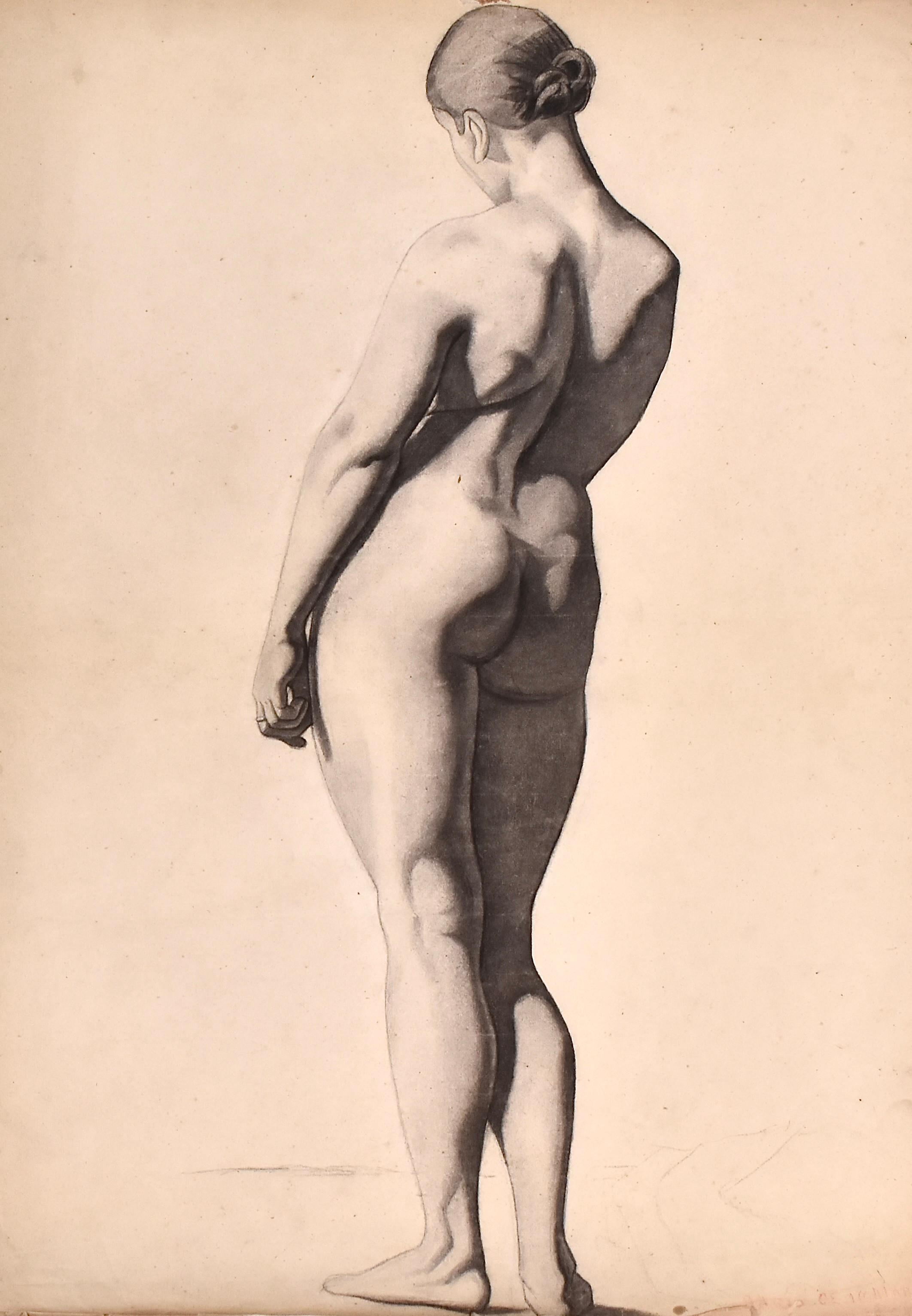 JEANNE FICHEL, NÉE SAMSON. blyertsteckning, stående akt, Akademiarbete, omkring 1870.