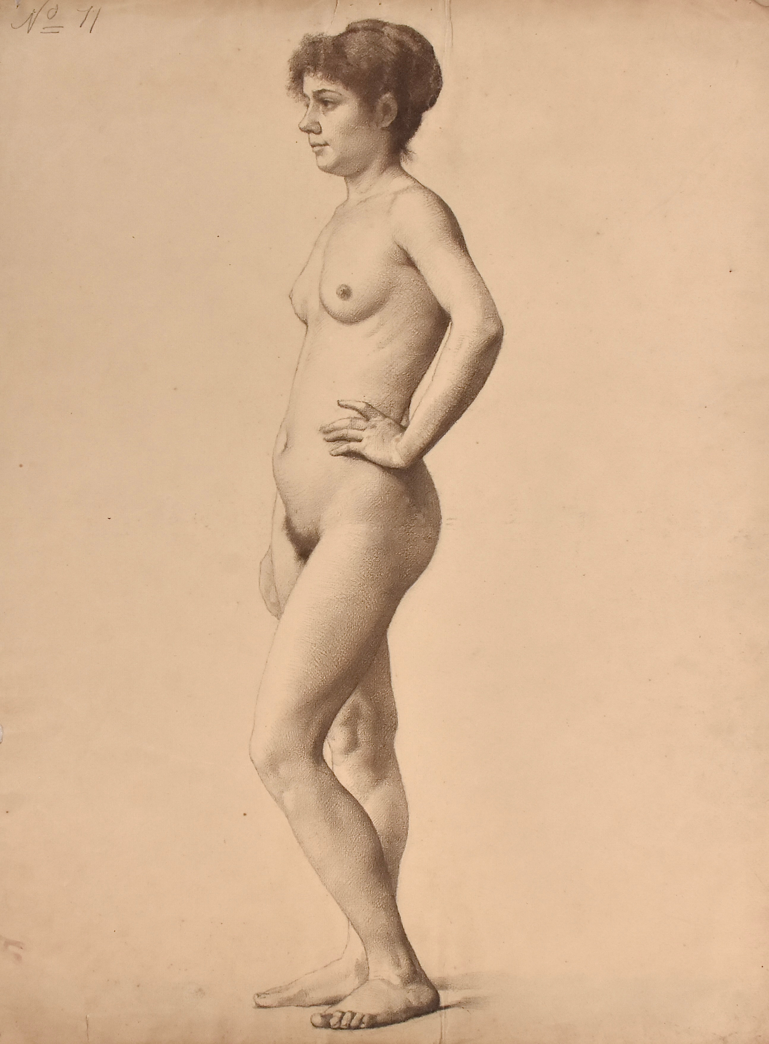 JEANNE FICHEL, NÉE SAMSON. blyertsteckning, stående akt, Akademiarbete, omkring 1870.