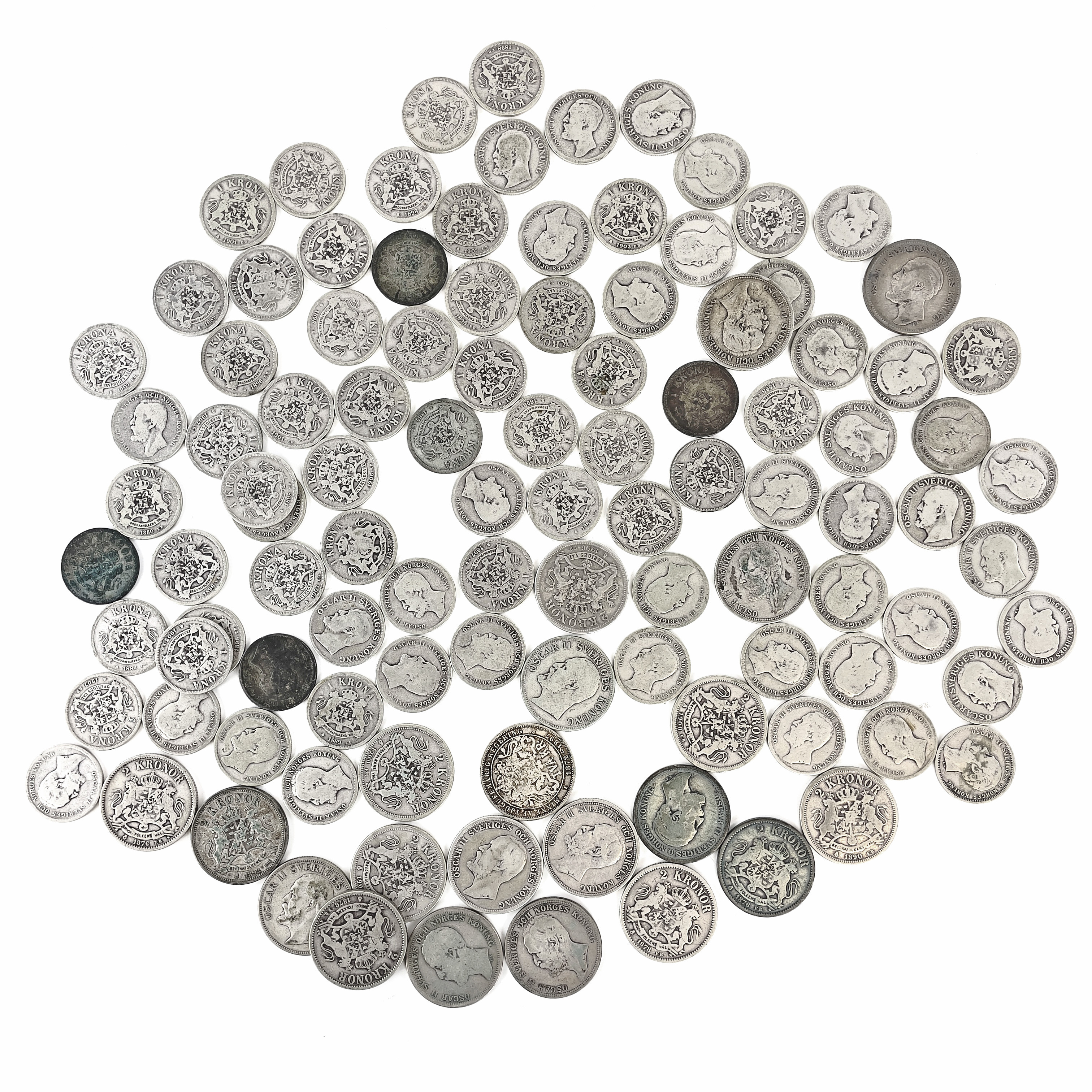 PARTI MYNT, silver 80%, 1- och 2-kronor, 1800/1900-tal, Oscar II. Total vikt ca 930 gram.