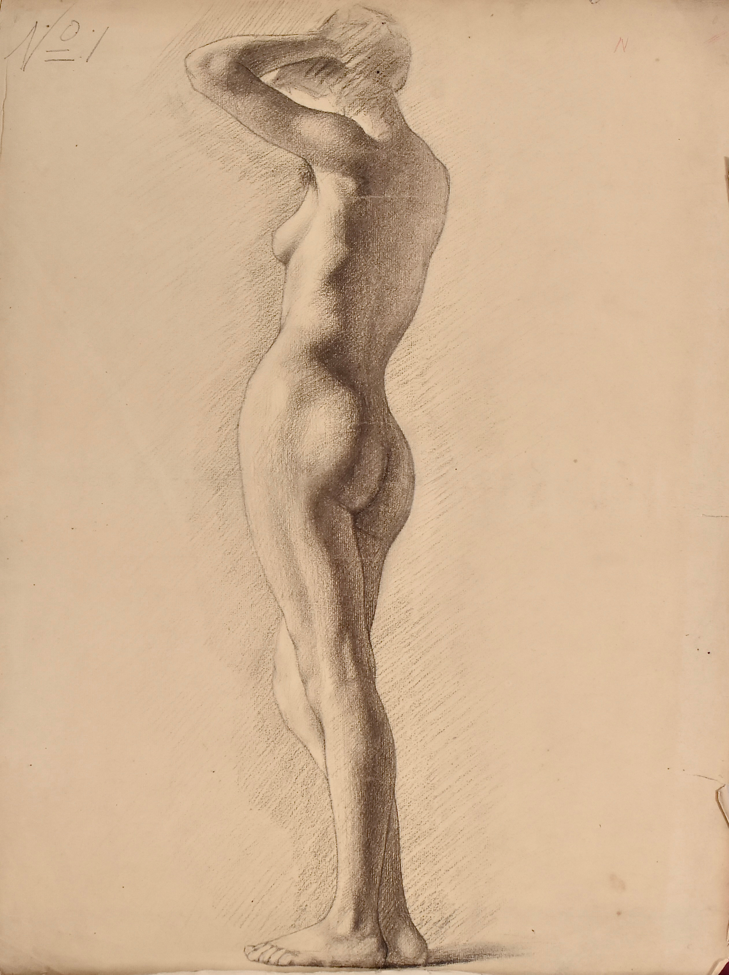 JEANNE FICHEL, NÉE SAMSON. blyertsteckning, stående akt, Akademiarbete, omkring 1870.