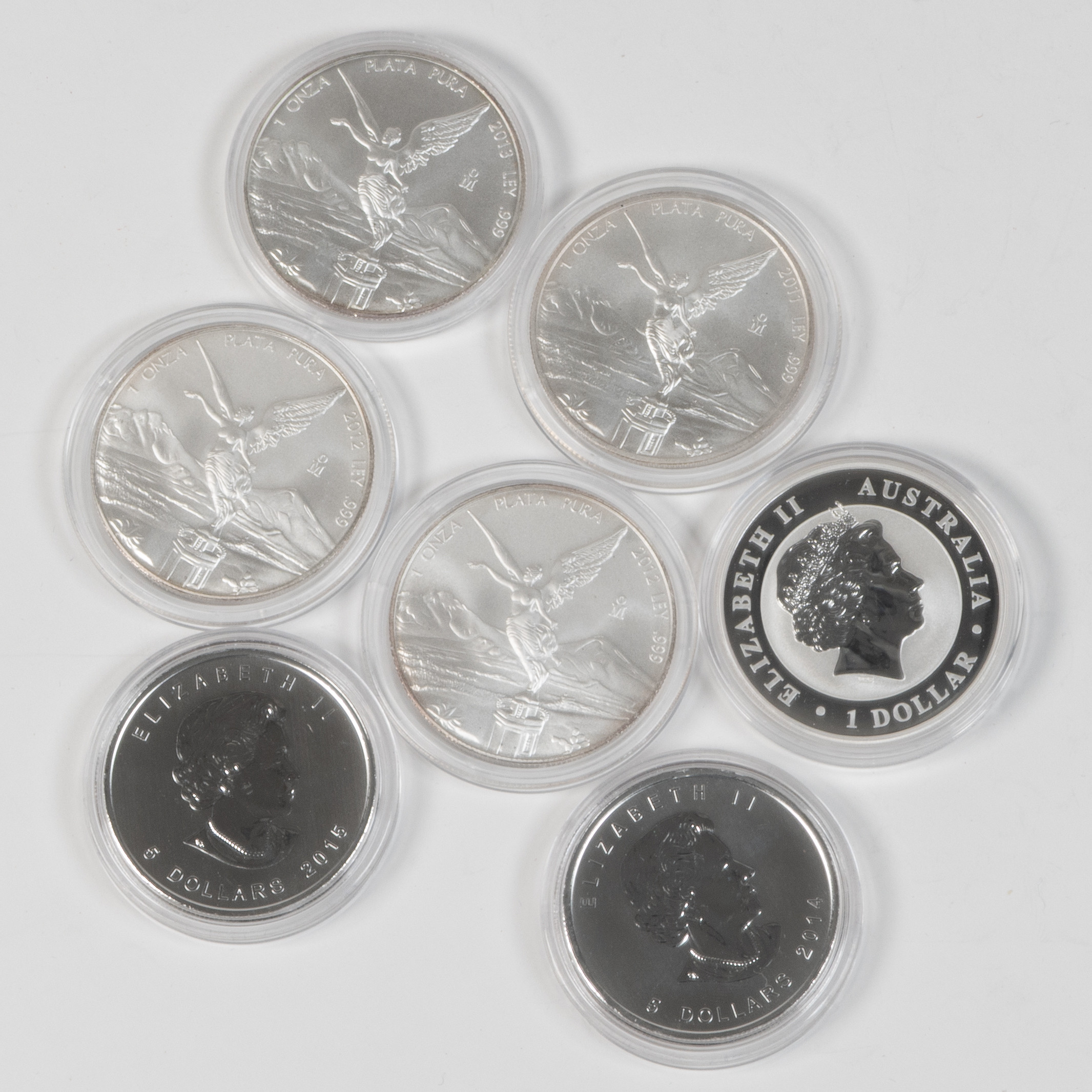 Mynt, 7 st, finsilver 999, varav 4 st.; Onza Plata Pura, Estados Unidos Mexicanos, Mexiko 2011, 2 st 2012, 2013.