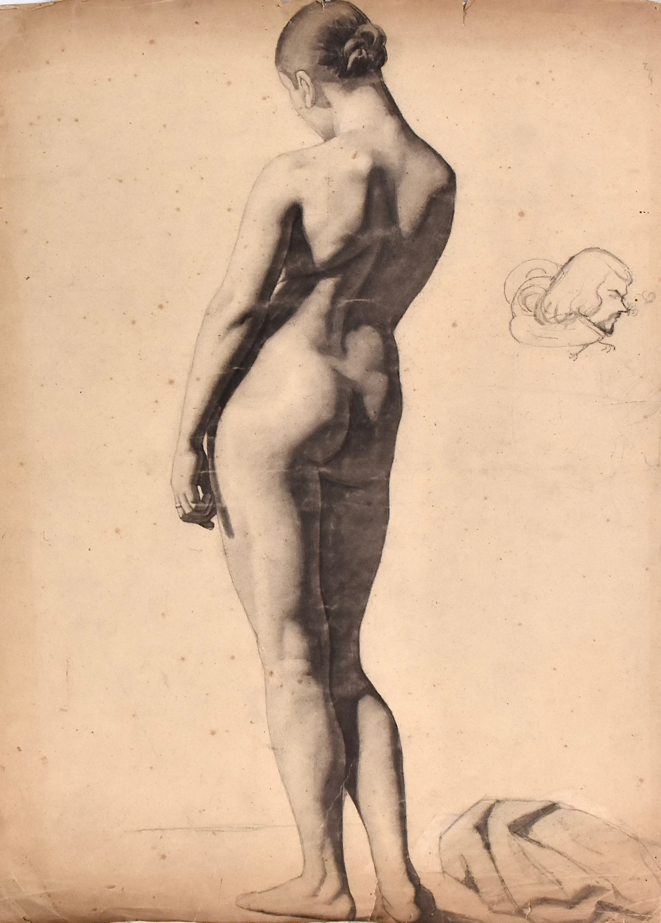 JEANNE FICHEL, NÉE SAMSON. blyertsteckning, stående akt, Akademiarbete, omkring 1870.