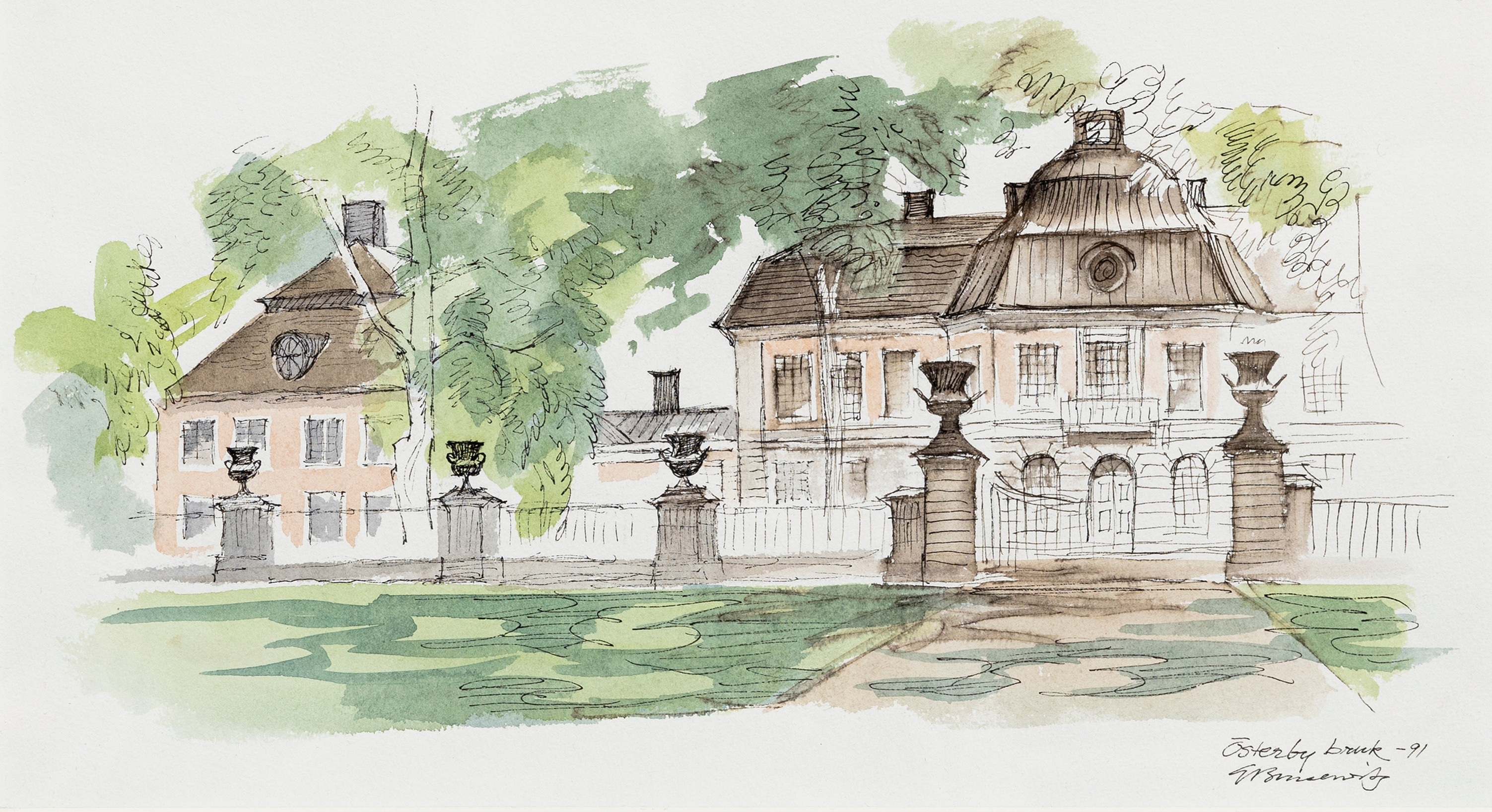 GUNNAR BRUSEWITZ. Österby bruk, blandteknik på papper, signerad, daterad -91.