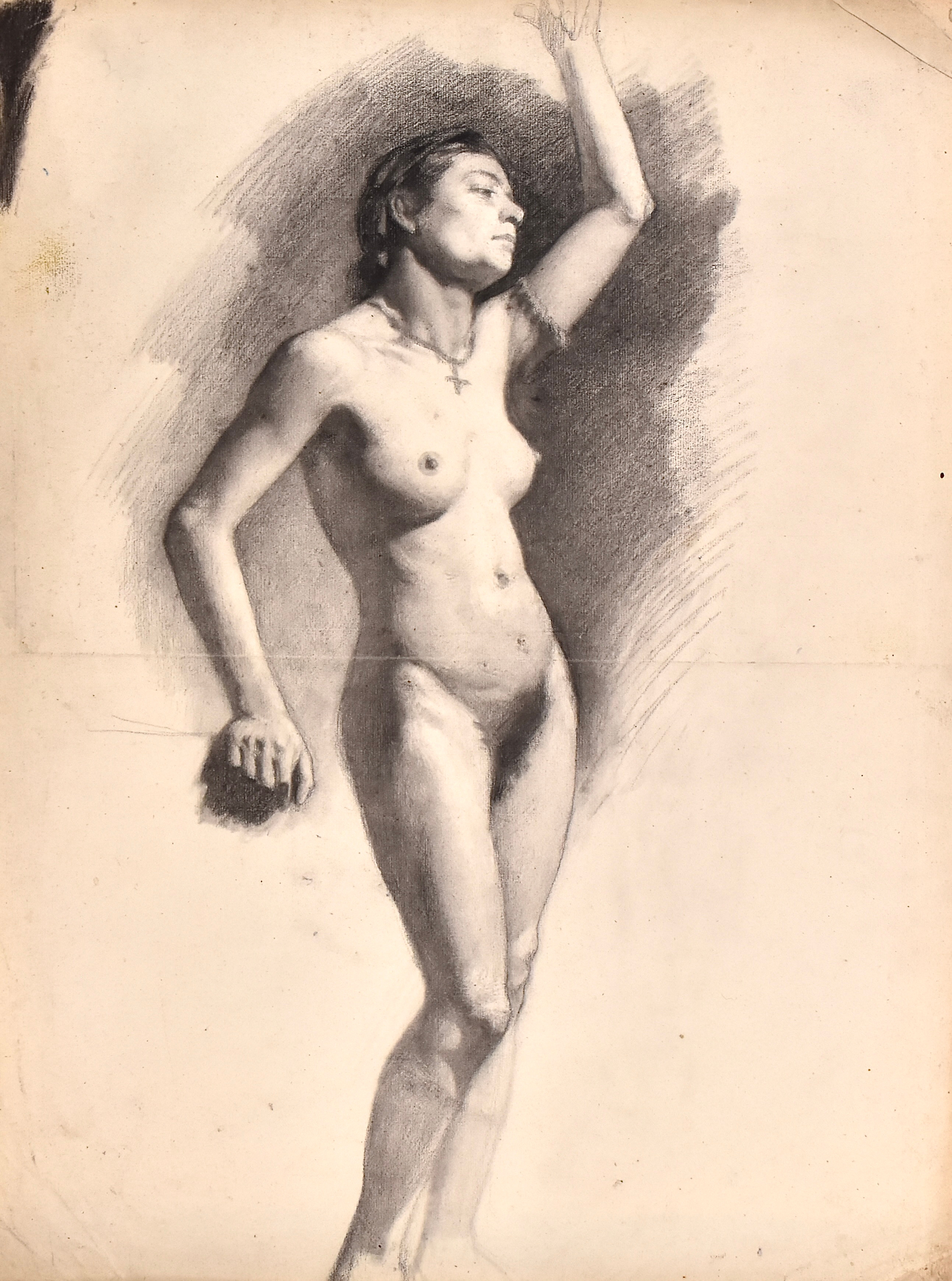 JEANNE FICHEL, NÉE SAMSON. blyertsteckning, stående akt, Akademiarbete, omkring 1870.