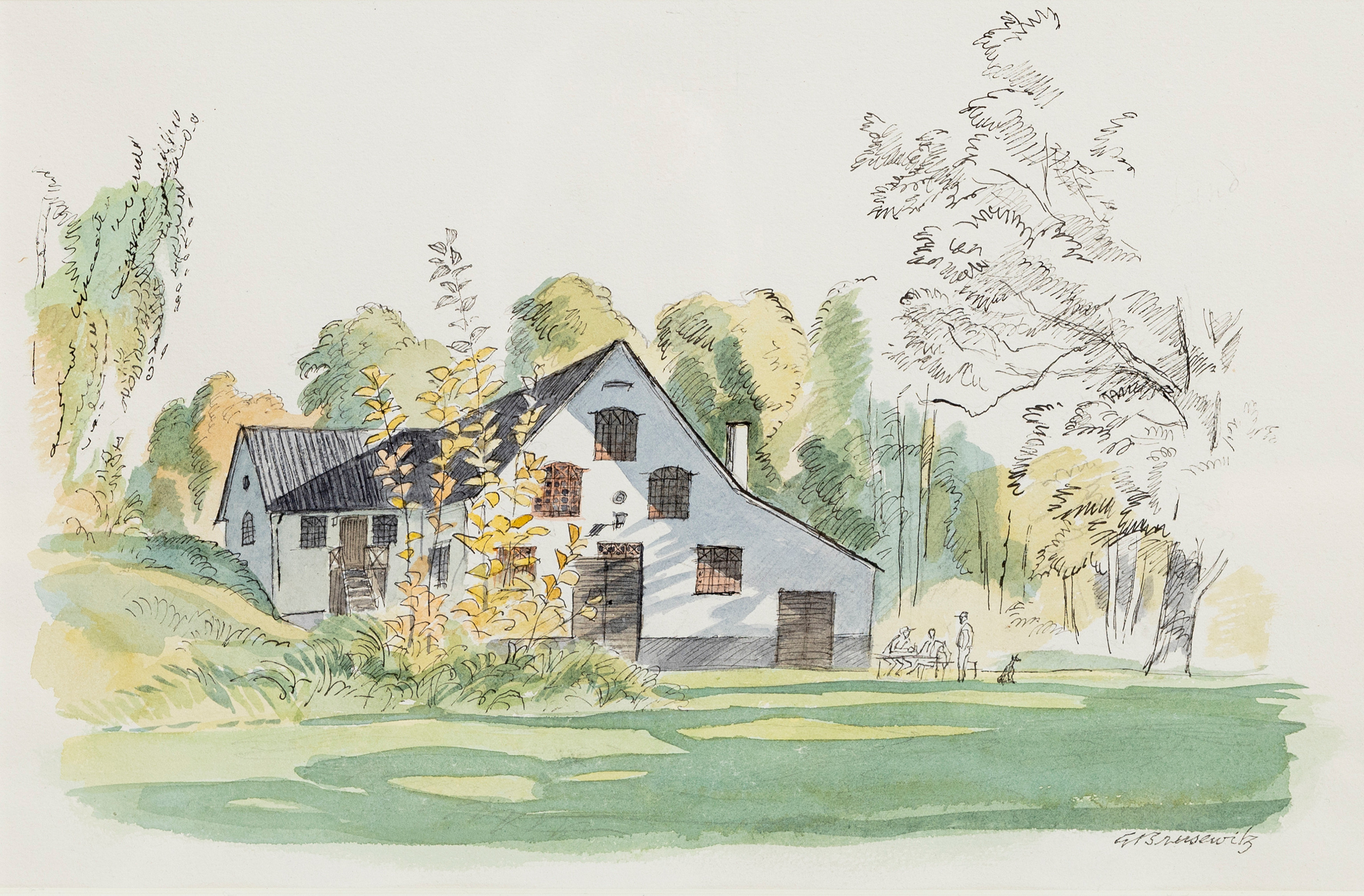 GUNNAR BRUSEWITZ. Gårdsmotiv, blandteknik på papper, signerad.