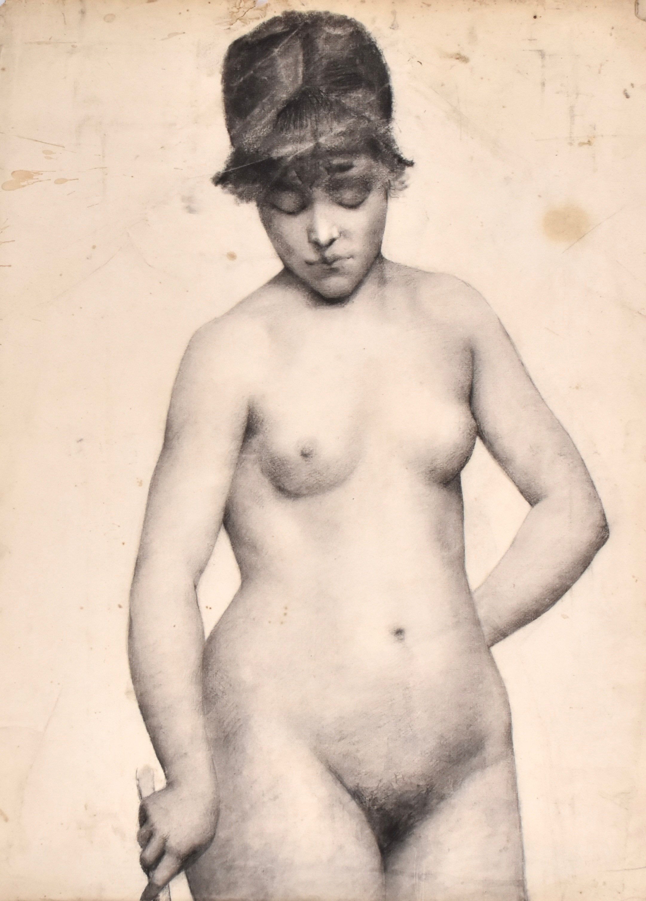 JEANNE FICHEL, NÉE SAMSON. blyertsteckning, stående akt, Akademiarbete, omkring 1870.