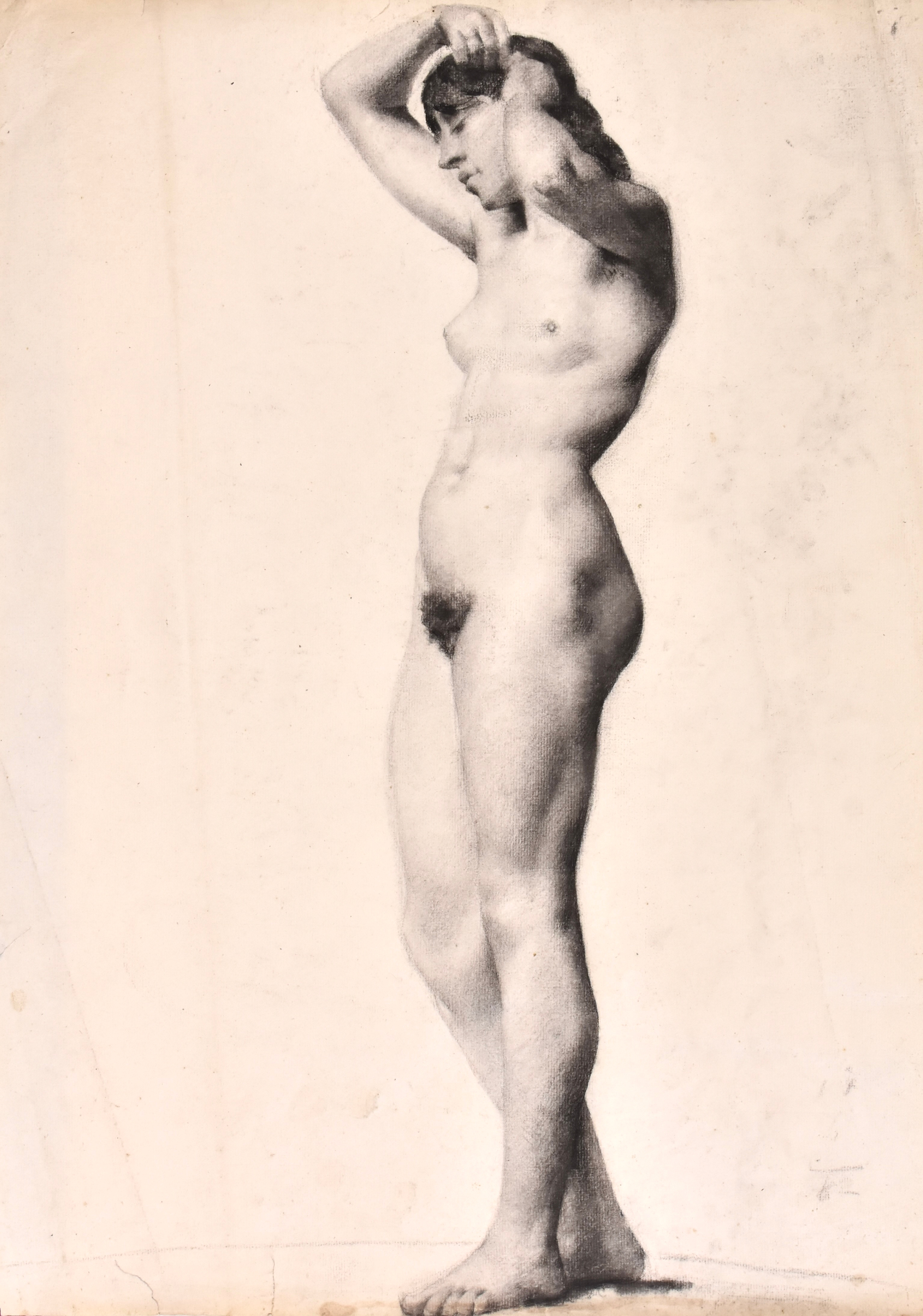 JEANNE FICHEL, NÉE SAMSON. blyertsteckning, stående akt, Akademiarbete, omkring 1870.