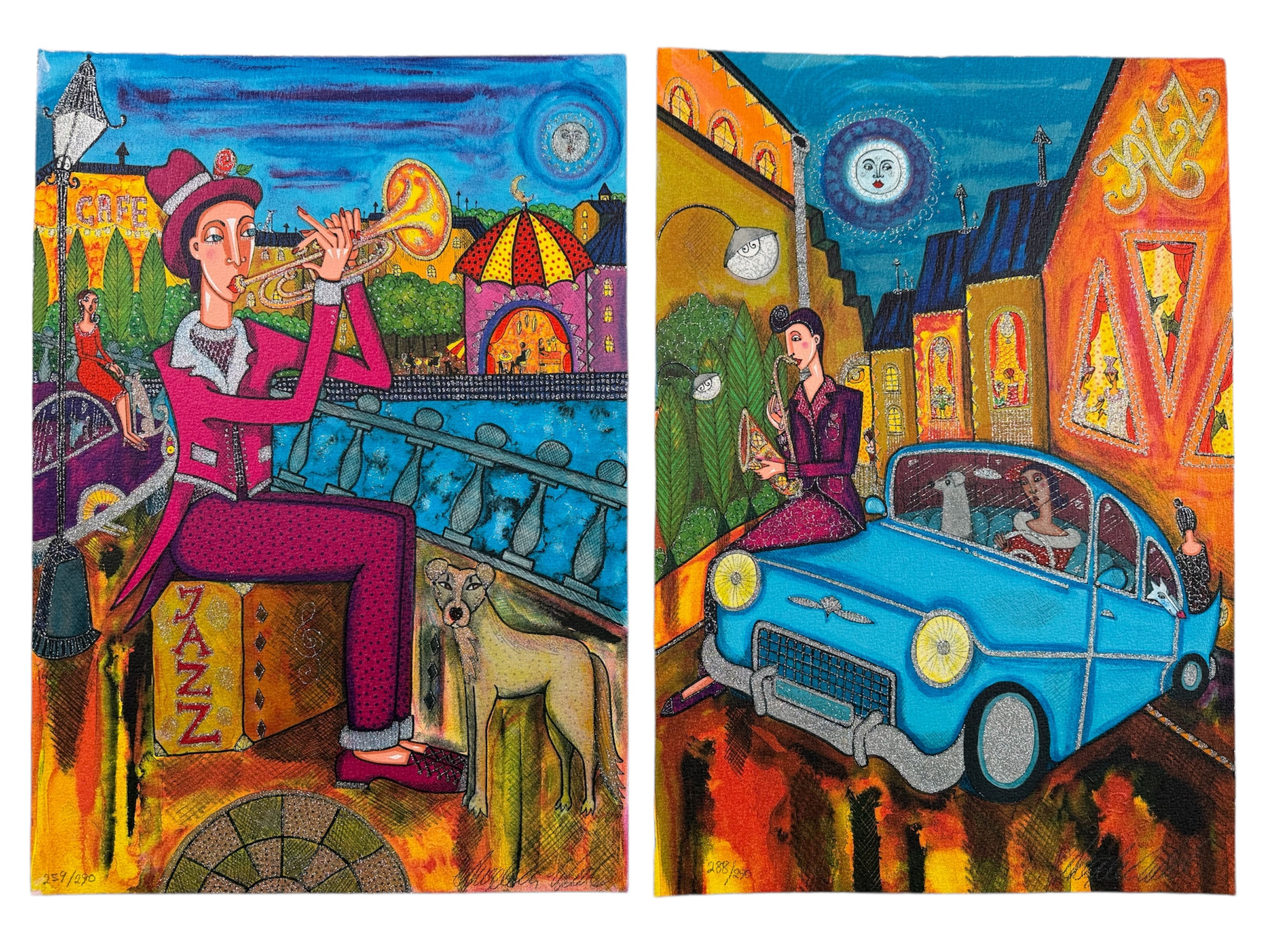 ANGELICA WIIK. (2 st), "Månjazz" samt "Kajplats", färglitografi med glitter, signerade och numrerade Angelica Wiik, 288/290 respektive 259/290, oramade.