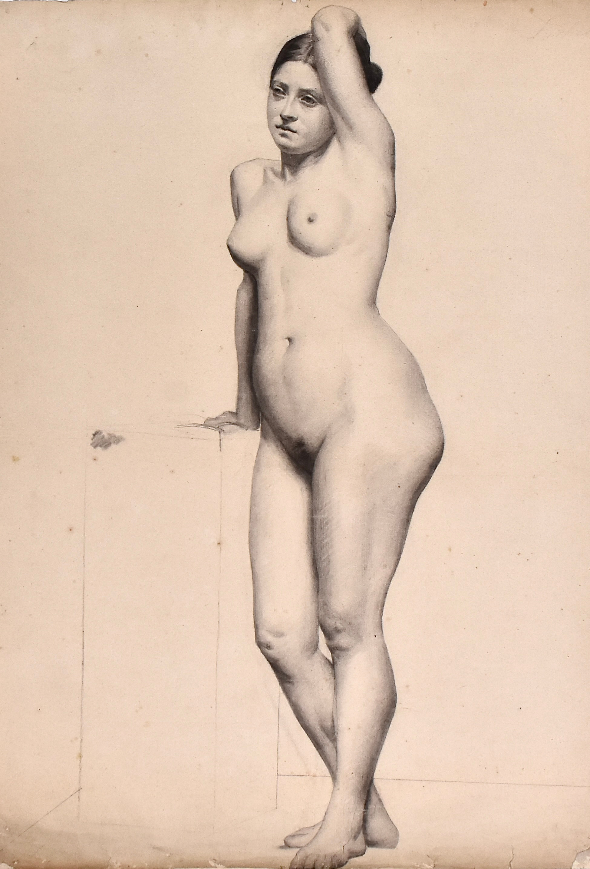 JEANNE FICHEL, NÉE SAMSON. blyertsteckning, stående akt, Akademiarbete, omkring 1870.