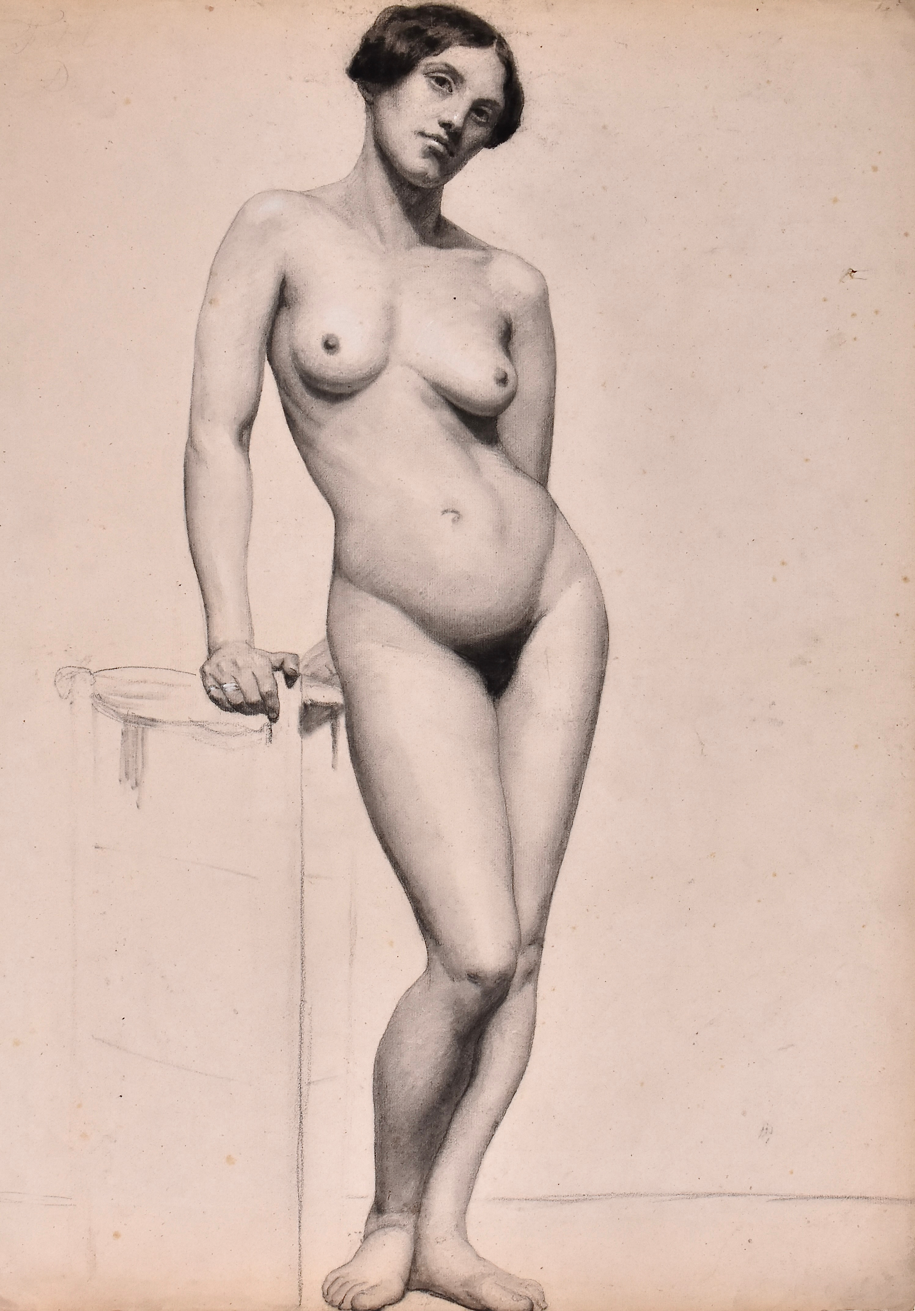 JEANNE FICHEL, NÉE SAMSON. blyertsteckning, stående akt, Akademiarbete, omkring 1870.