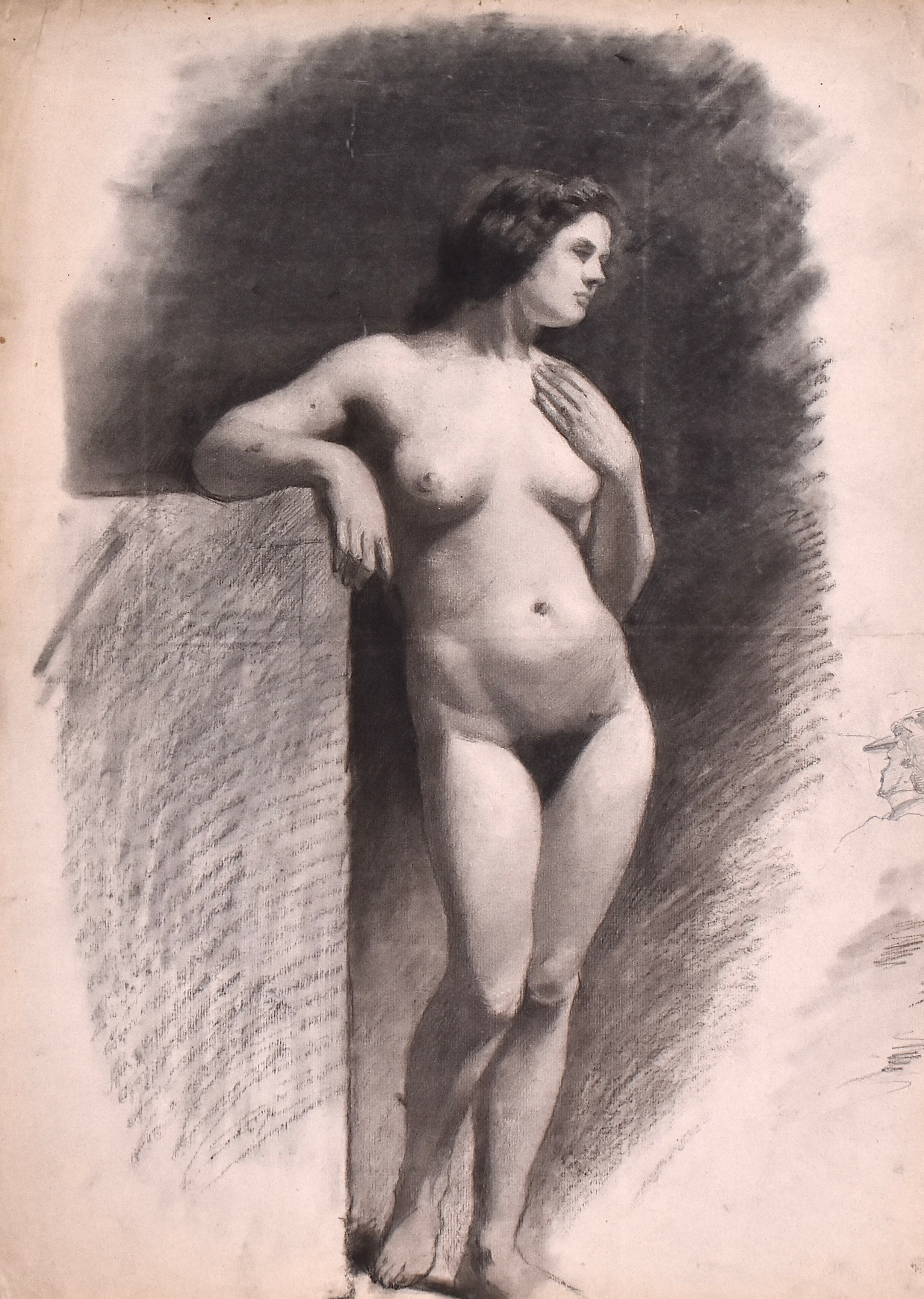 JEANNE FICHEL, NÉE SAMSON. blyertsteckning, stående akt, Akademiarbete, omkring 1870.
