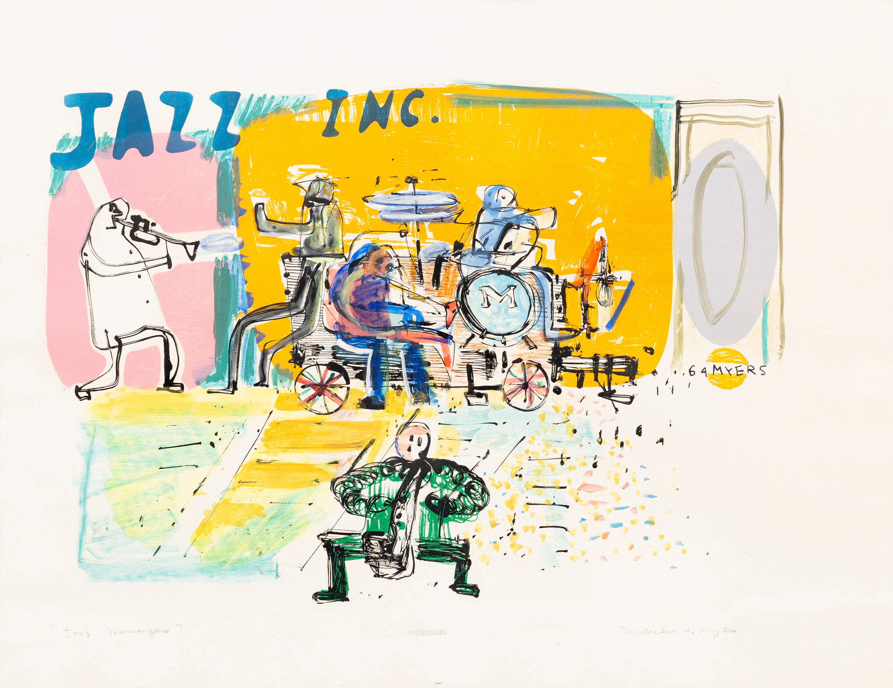 MALCOLM H MYERS. "Jazz messengers", kolorerad litografi, signerad.