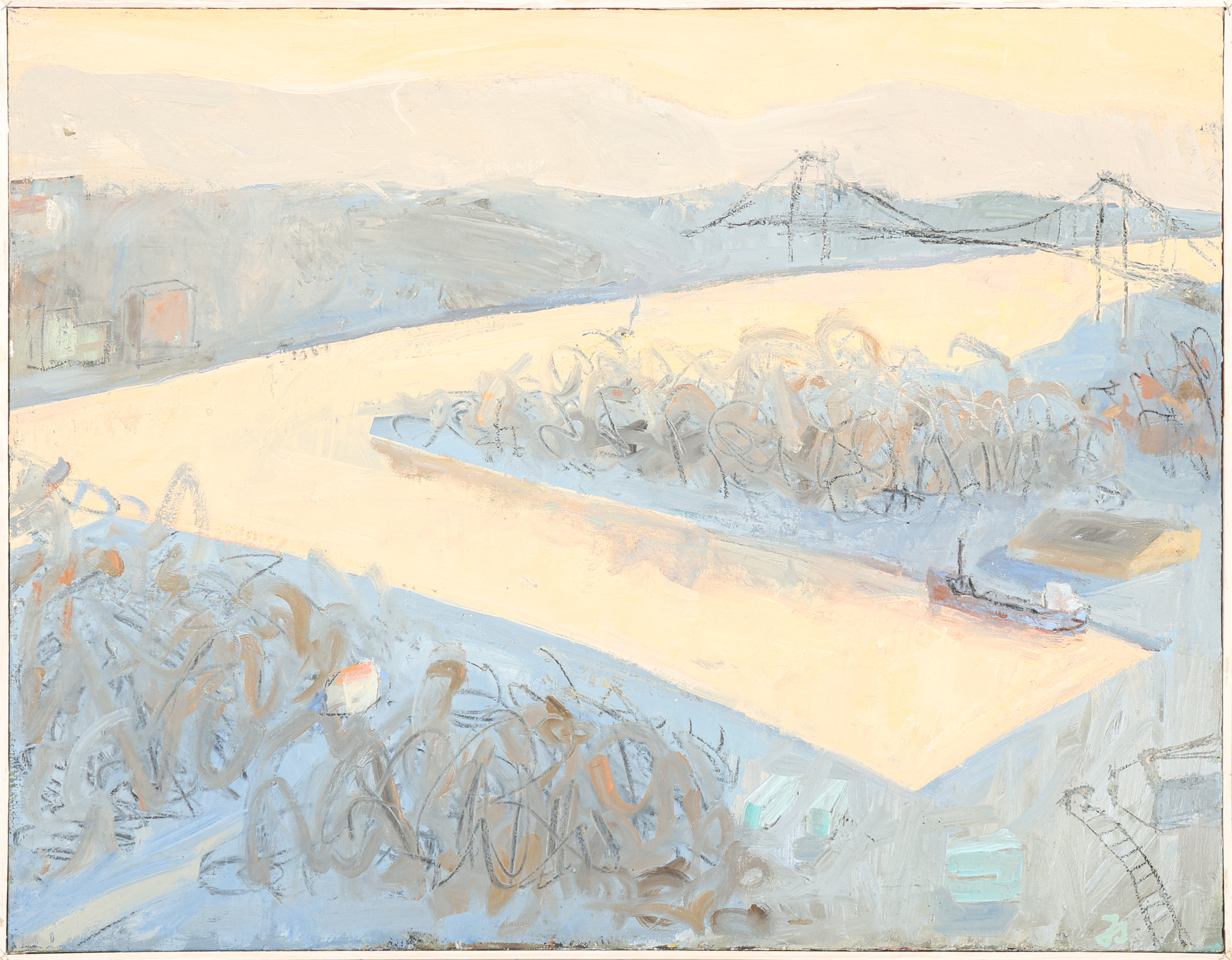 JAN STIGLAND. Olja på duk, "Skärgårdshamn", monogramsignerad JS.