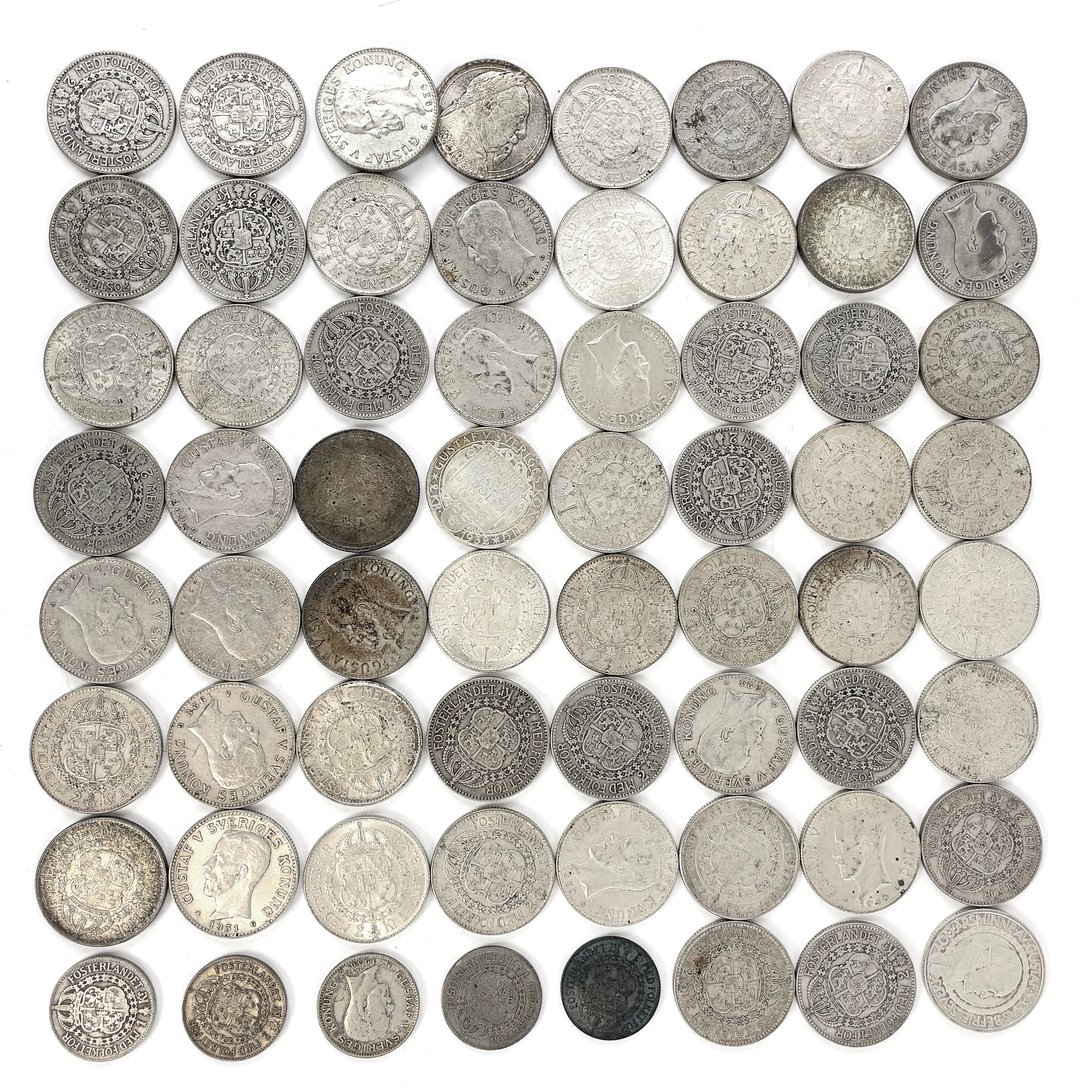 PARTI MYNT, silver 80%, 1- och 2-kronor, 1900-tal, Gustav V, total vikt ca 920 gram.