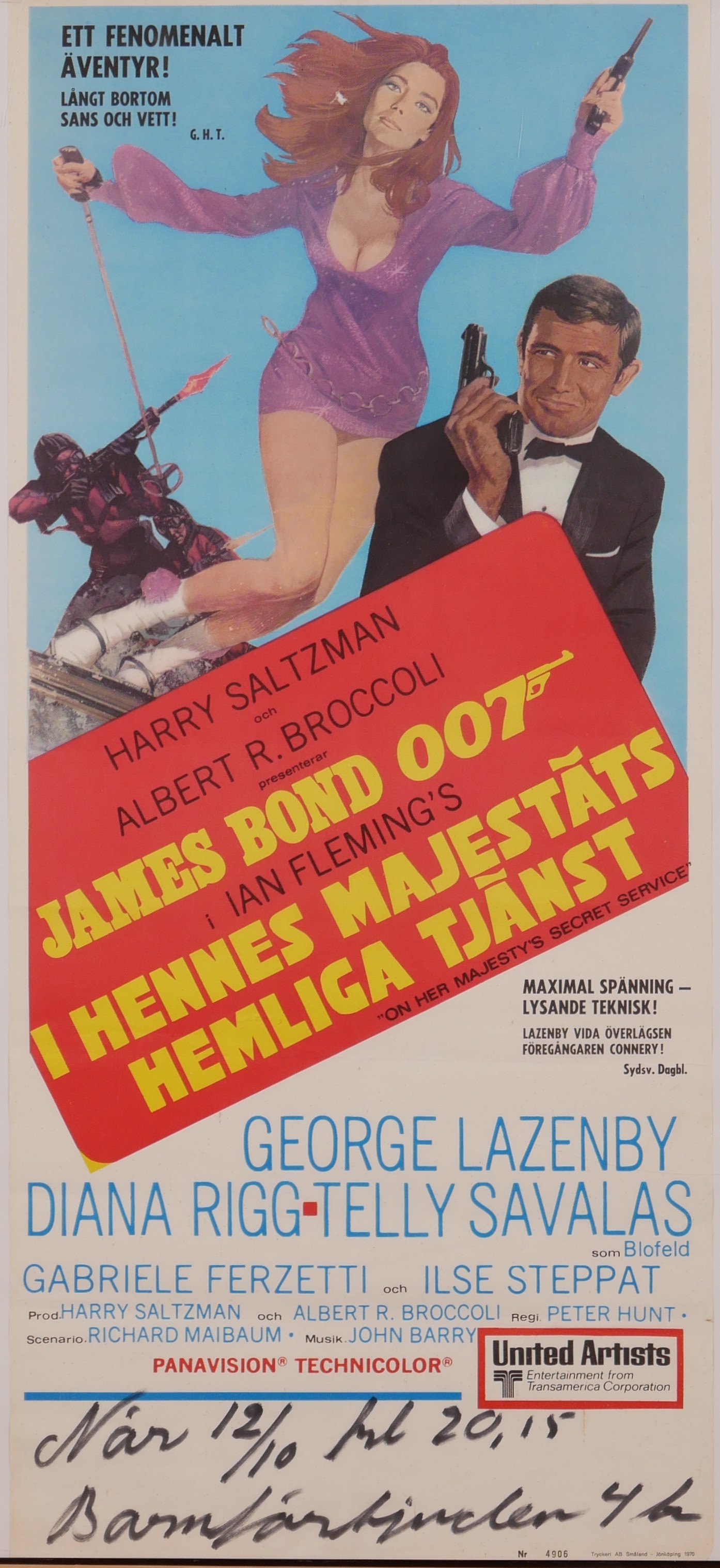 JAMES BOND. Filmaffisch "I hennes majestäts hemliga tjänst", 1970.