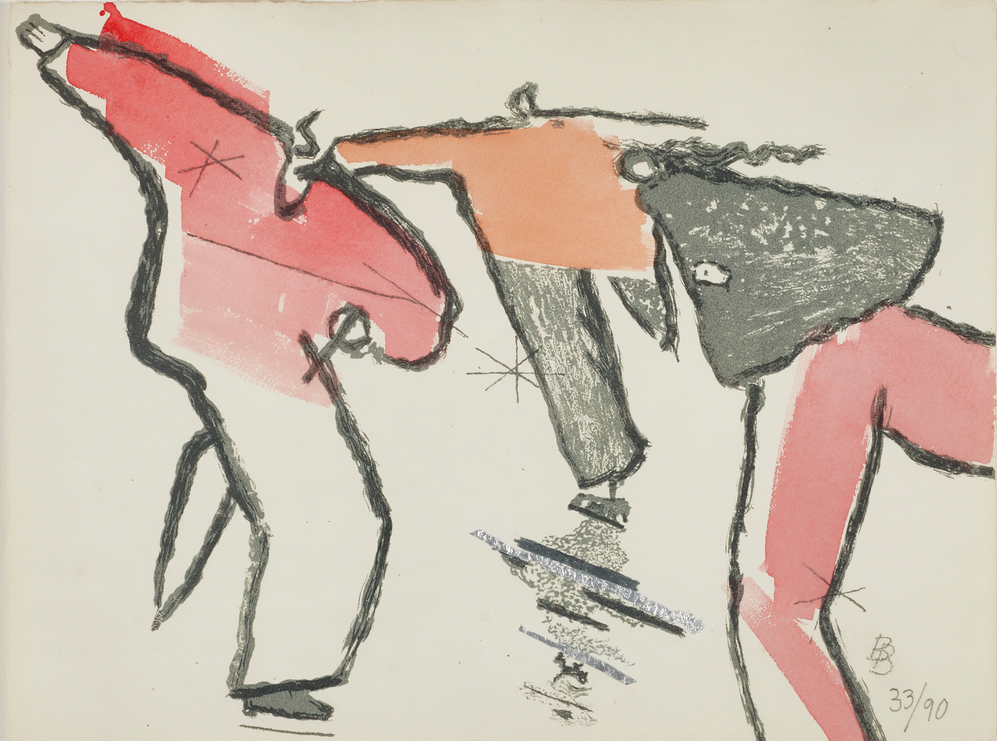 BIRGIT BROMS (1924-2008), Tre skridskoåkare, monogramsignerad med blyerts och numrerad 33/90, akvarellerad litografi och collage.