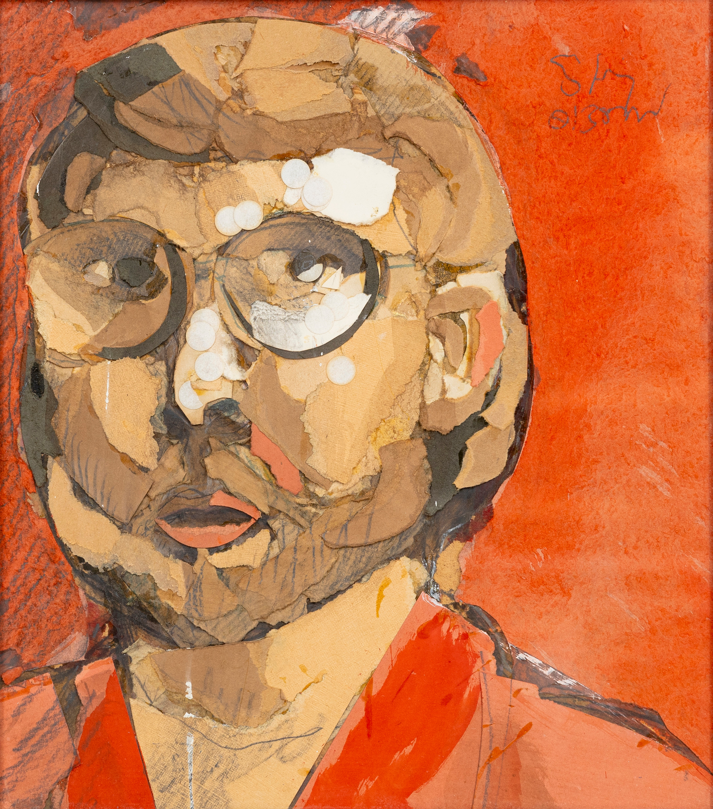 STIG OLSON. Självporträtt, blandteknik/collage, signerad.