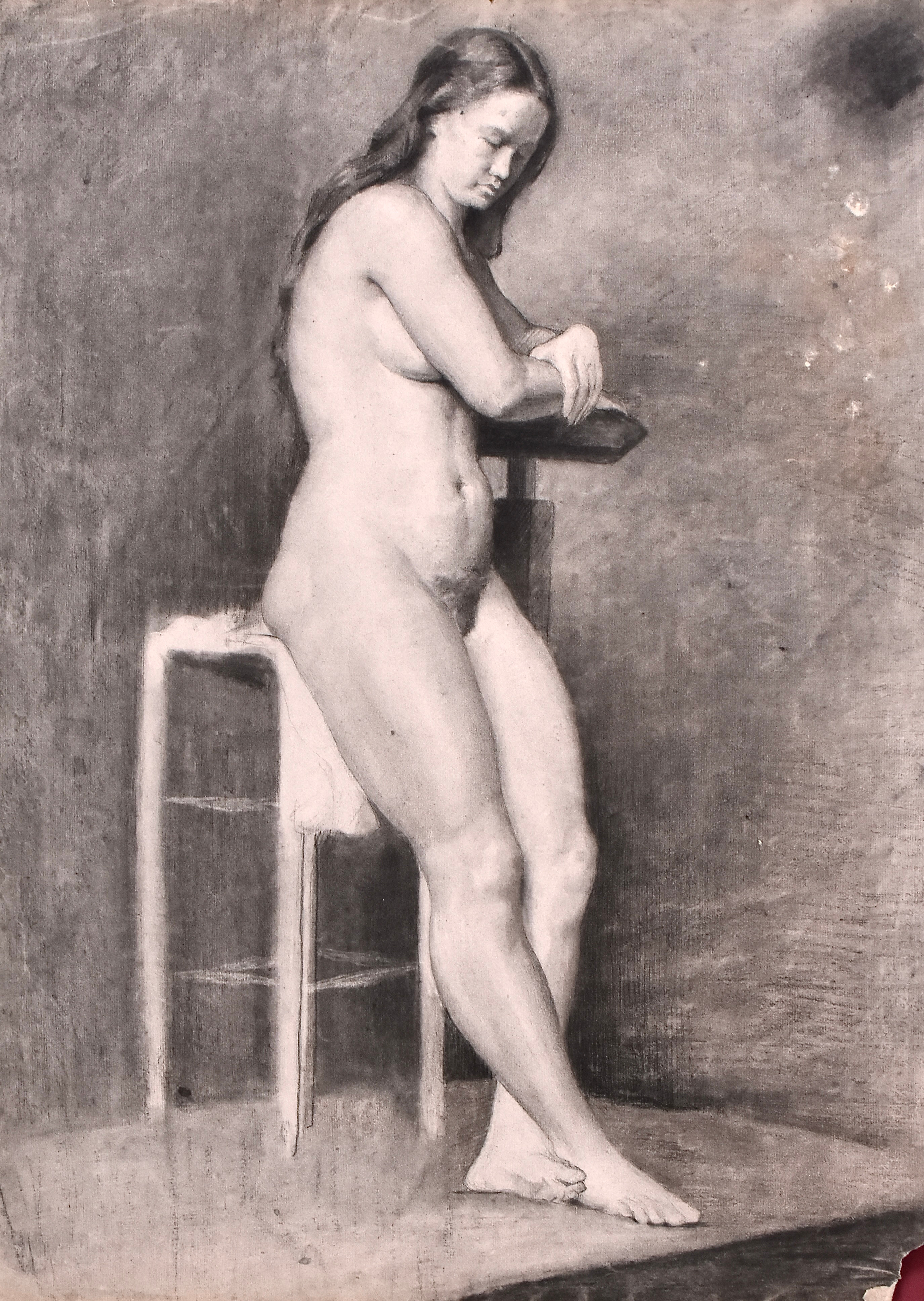 JEANNE FICHEL, NÉE SAMSON. blyertsteckning, stående akt, Akademiarbete, omkring 1870.