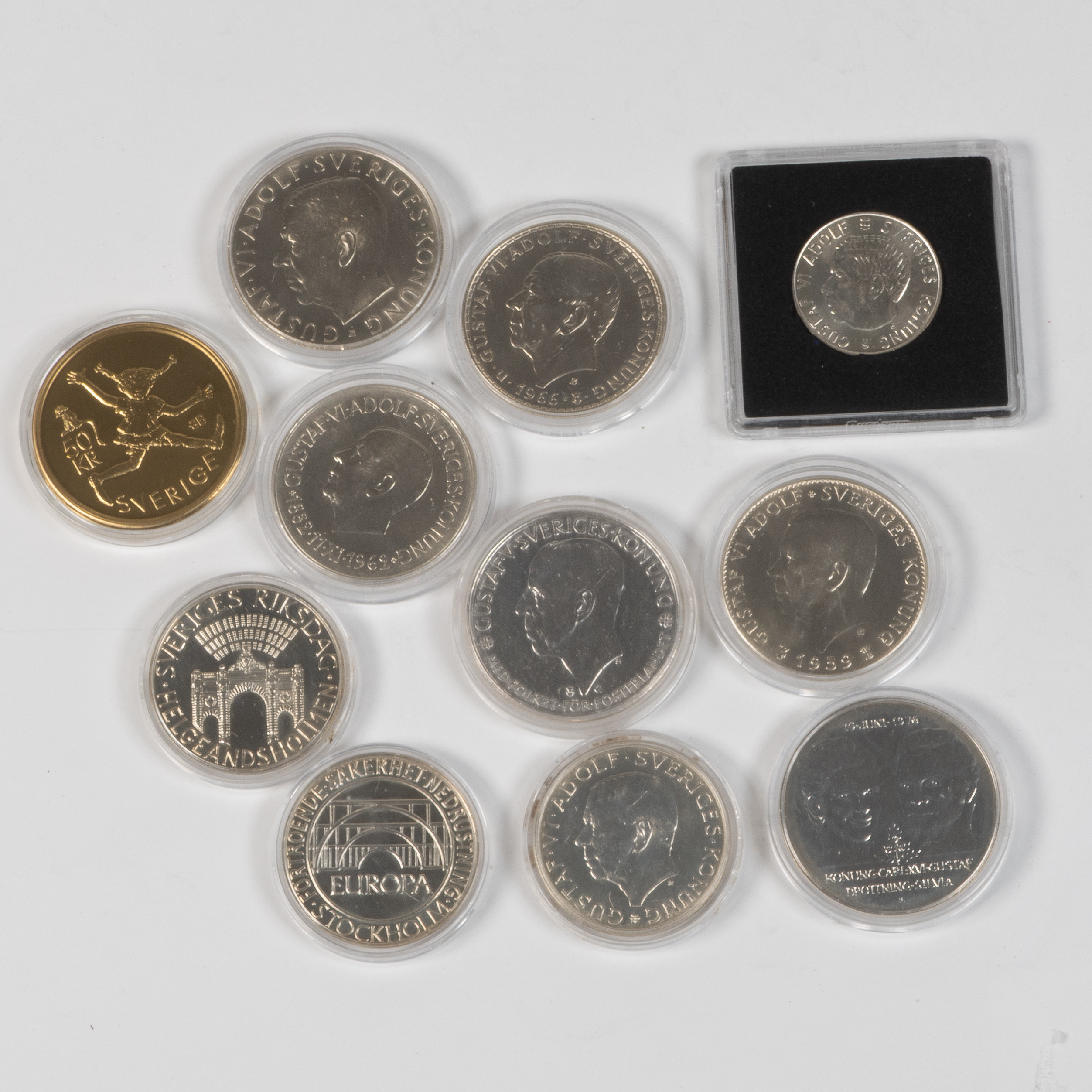 Mynt, 10 st., svenska, varierande silverhalt, minnes- och jubileumsmynt.