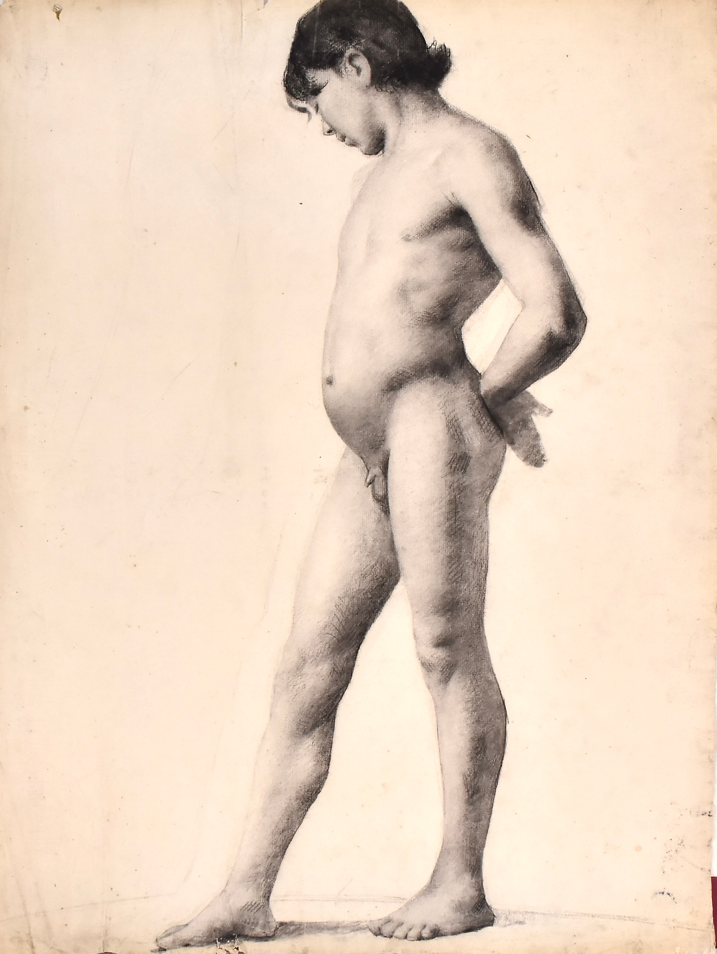 JEANNE FICHEL, NÉE SAMSON. blyertsteckning, stående gosse, Akademiarbete, omkring 1870.