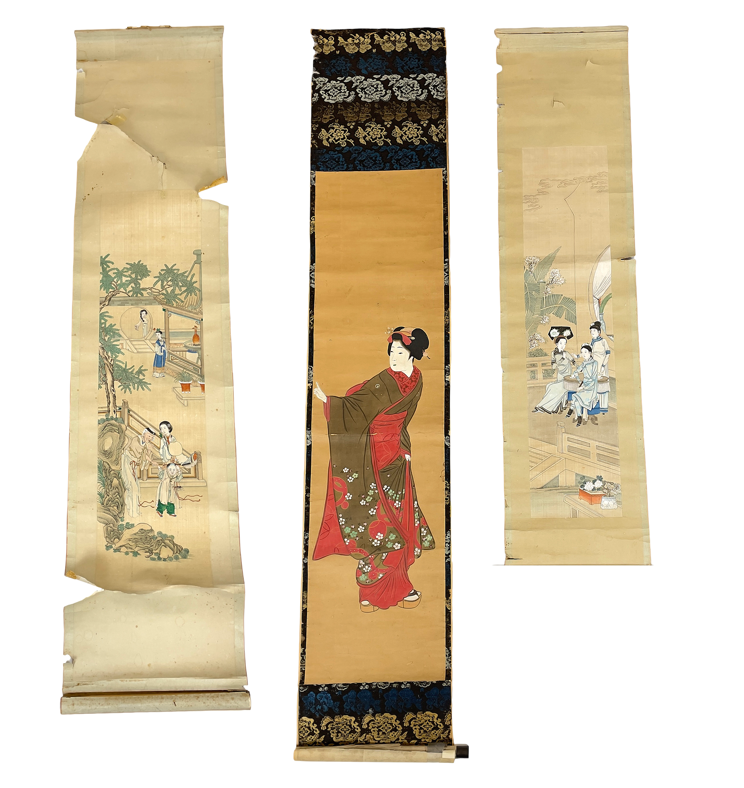 RULLMÅLNINGAR, 3 st, tusch och akvarell, okända konstnärer, Kina/Japan, sent 1800-tal.