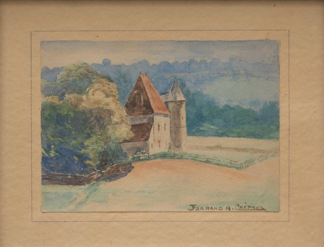 FERNAND A CREPAUX (FRANKRIKE 1900-TAL). Slott i landskap, akvarell, signerad.