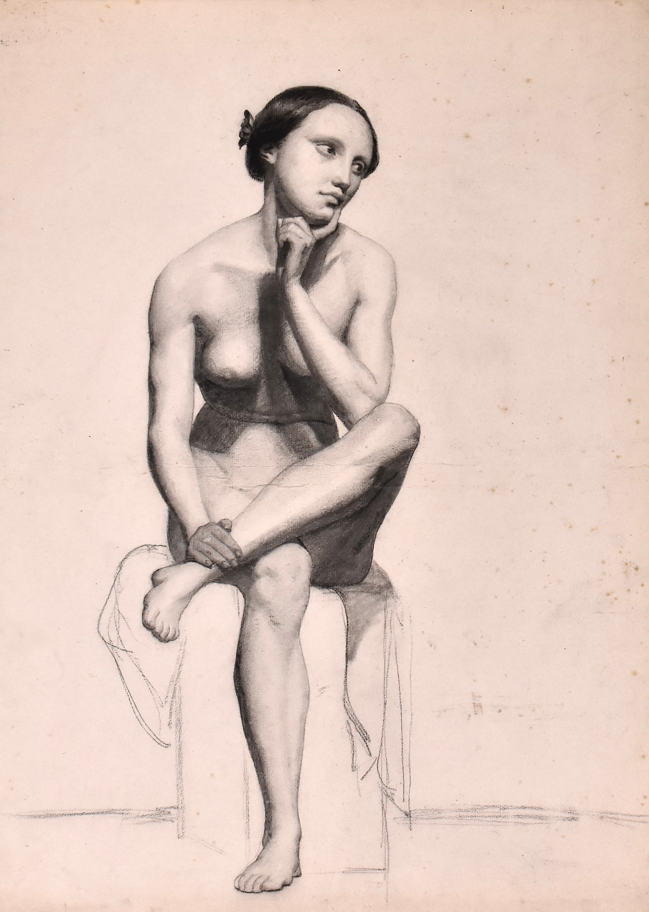 JEANNE FICHEL, NÉE SAMSON. blyertsteckning, sittande akt, Akademiarbete, omkring 1870.