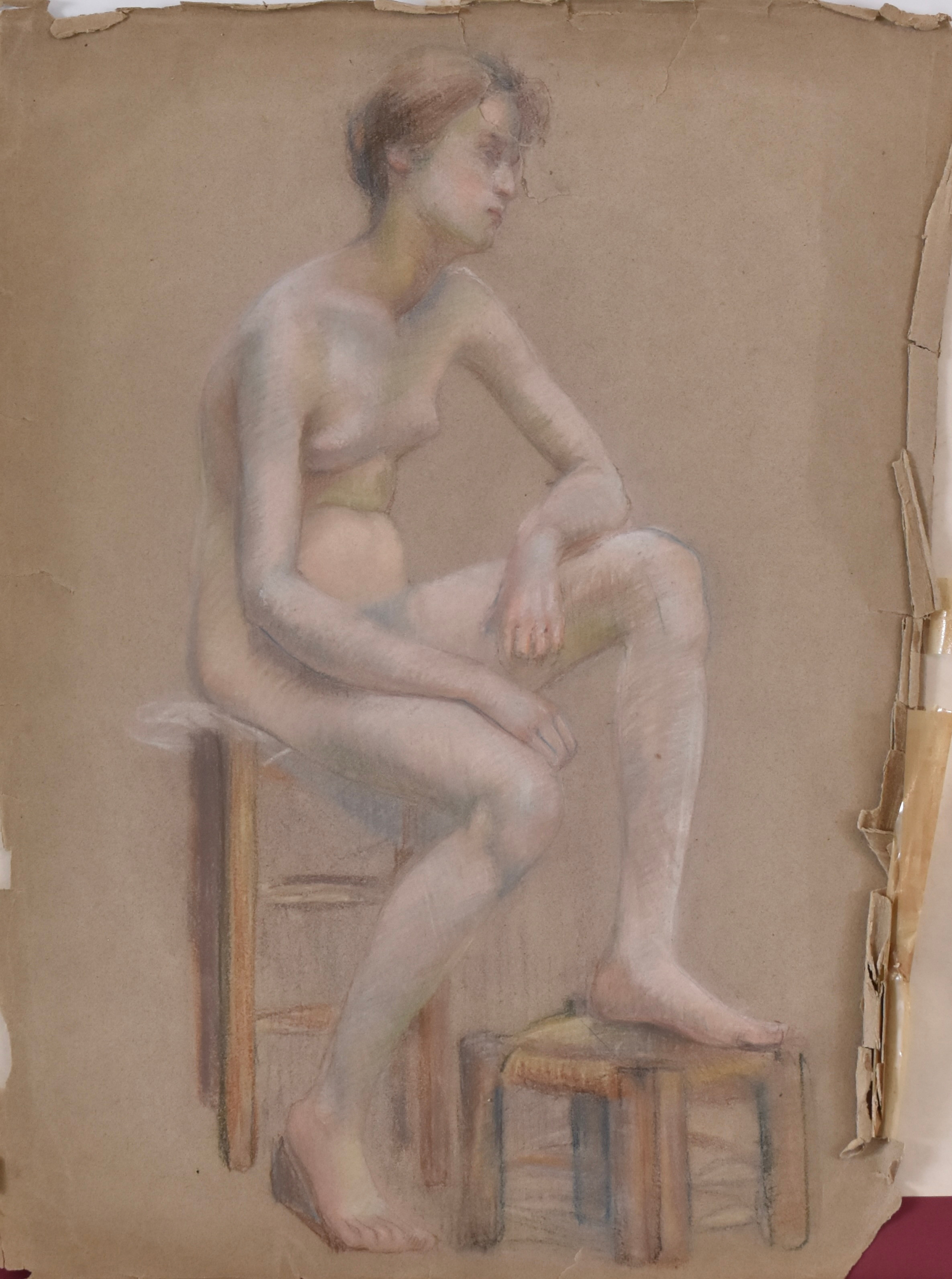 JEANNE FICHEL, NÉE SAMSON. TILLSKRIVEN. pastell, sittande akt, Akademiarbete, omkring 1870.