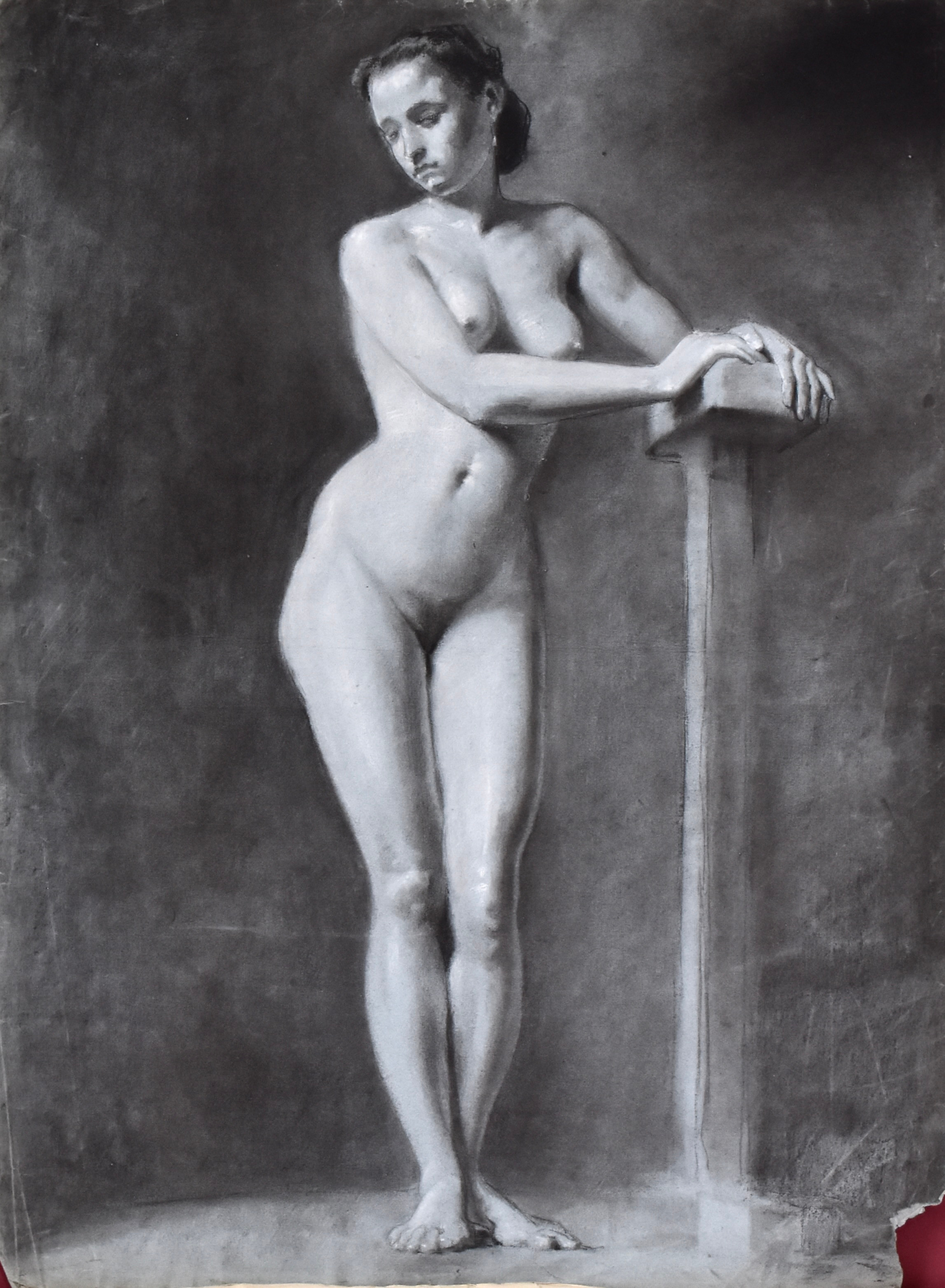 JEANNE FICHEL, NÉE SAMSON. TILLSKRIVEN. blyertsteckning, stående akt, Akademiarbete, omkring 1870.