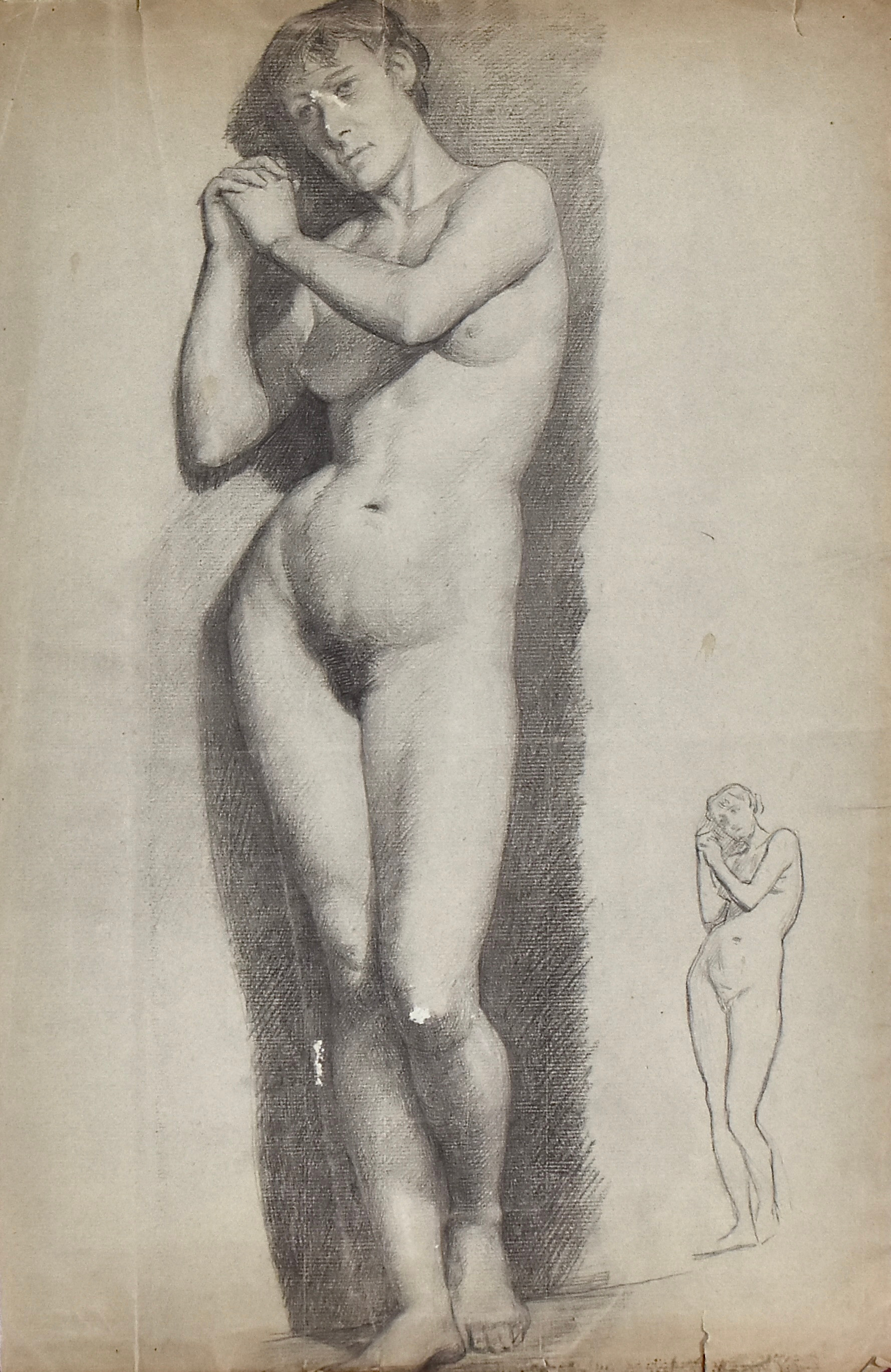 JEANNE FICHEL, NÉE SAMSON. TILLSKRIVEN. blyertsteckning, dubbel akt, Akademiarbete, omkring 1870.