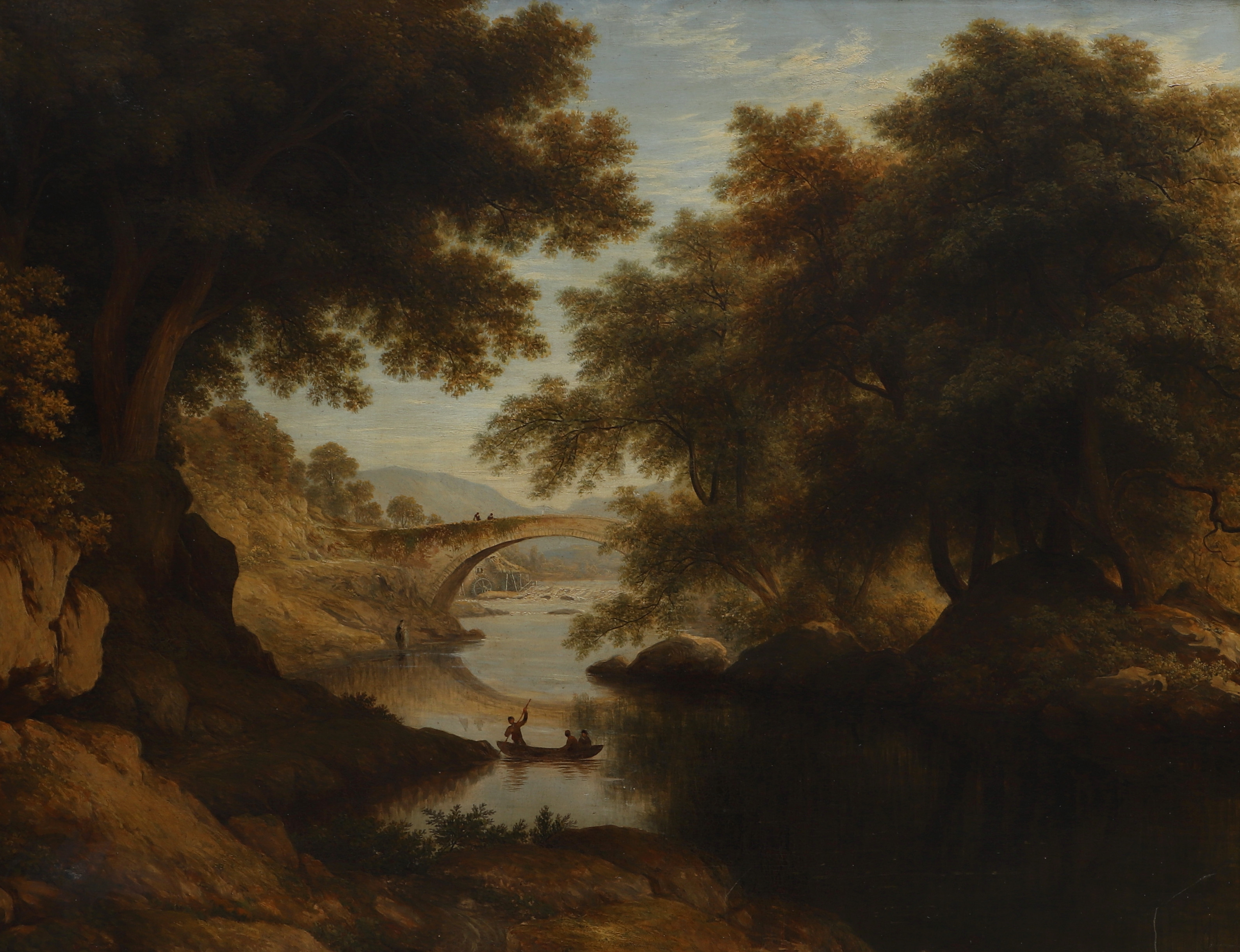 OKÄND KONSTNÄR. Olja på duk, landskap med bro, troligen Holland, osignerad, 1800-tal.