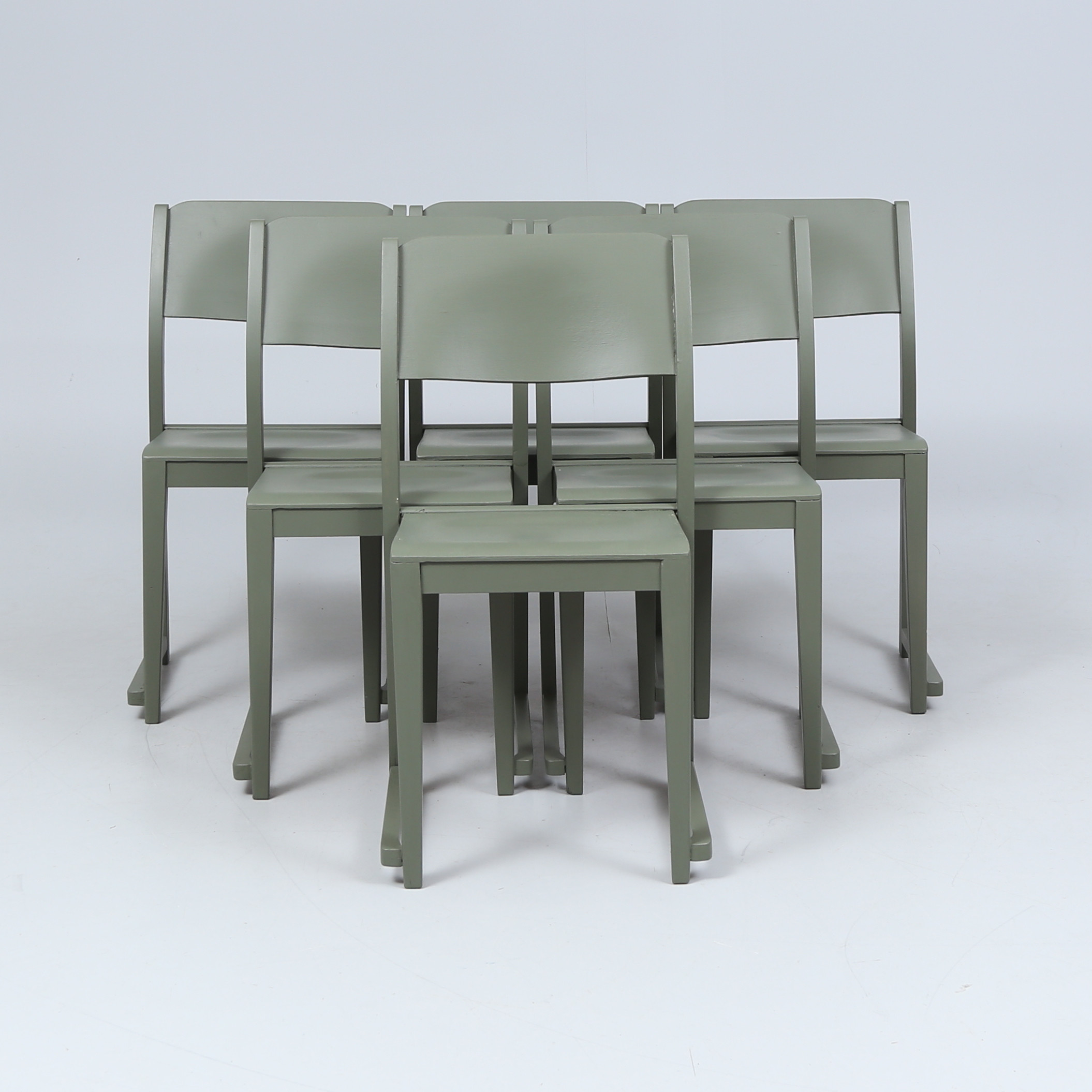 STOLAR, 6 st, Orkestermodell, bemålade, stapelbara, 1900-tal.