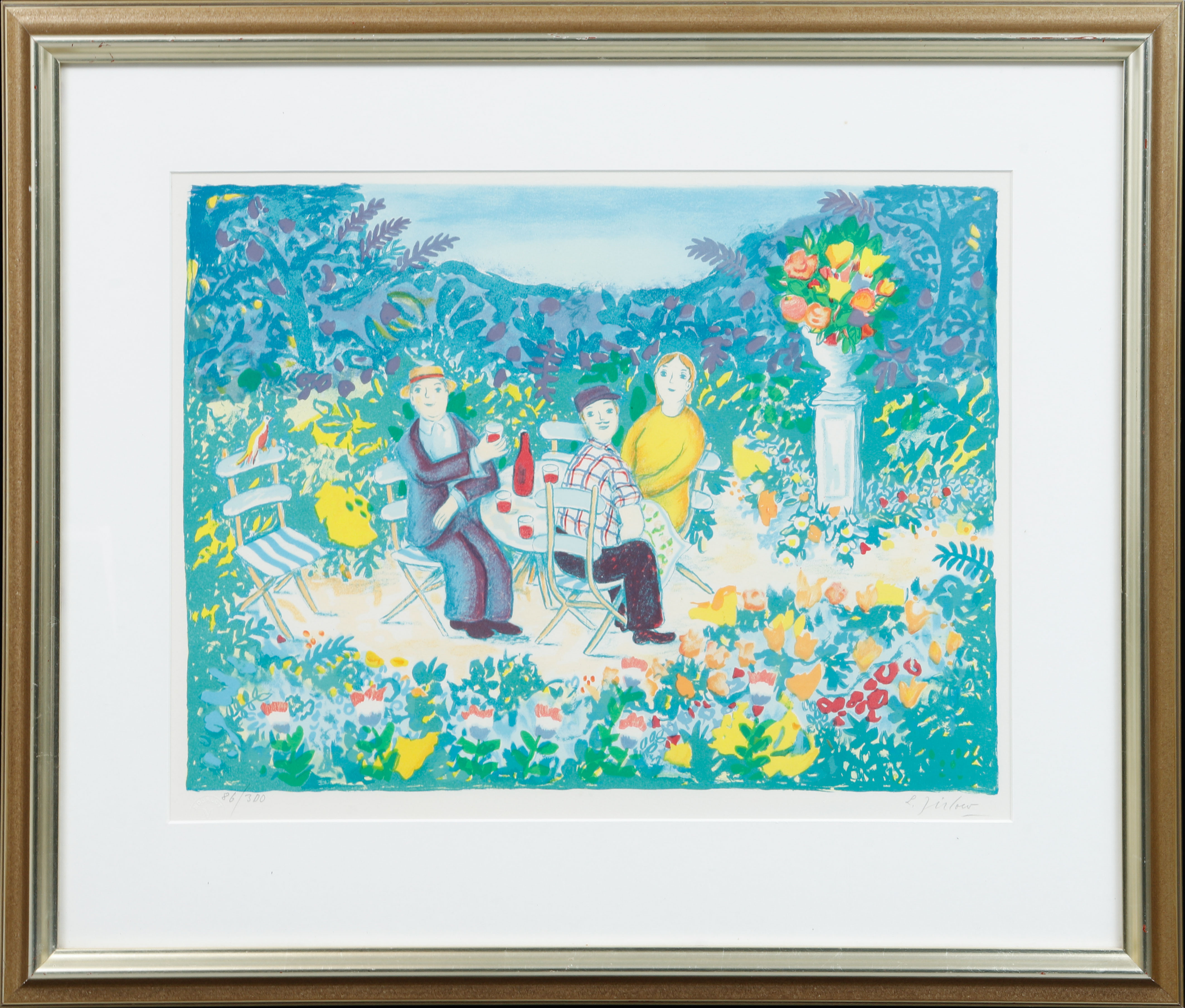 LENNART JIRLOW. Trädgårdscen, färglitografi, signerad och numrerad 86/300.