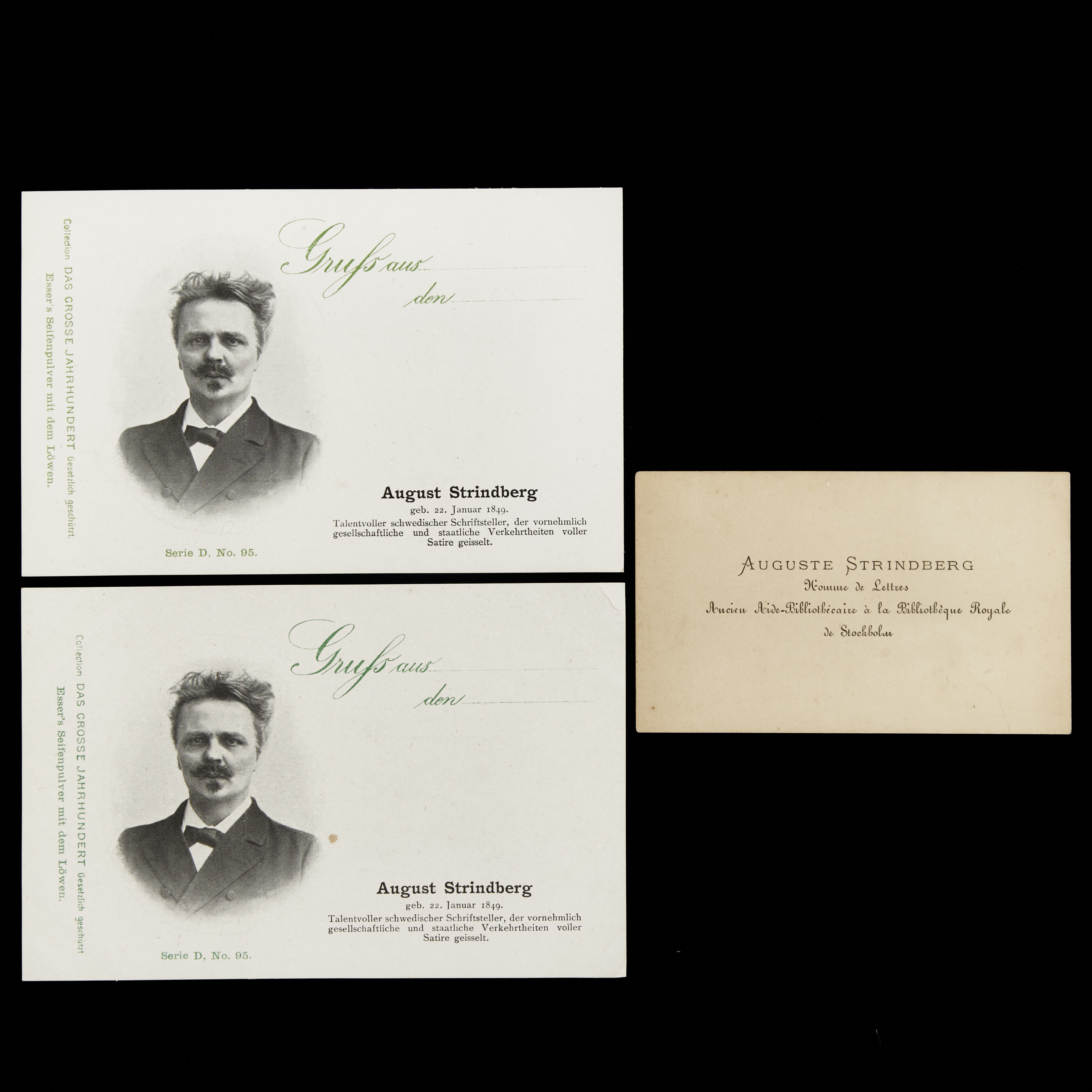 STRINDBERG, visitkort, vykort, foton, klädgalge.