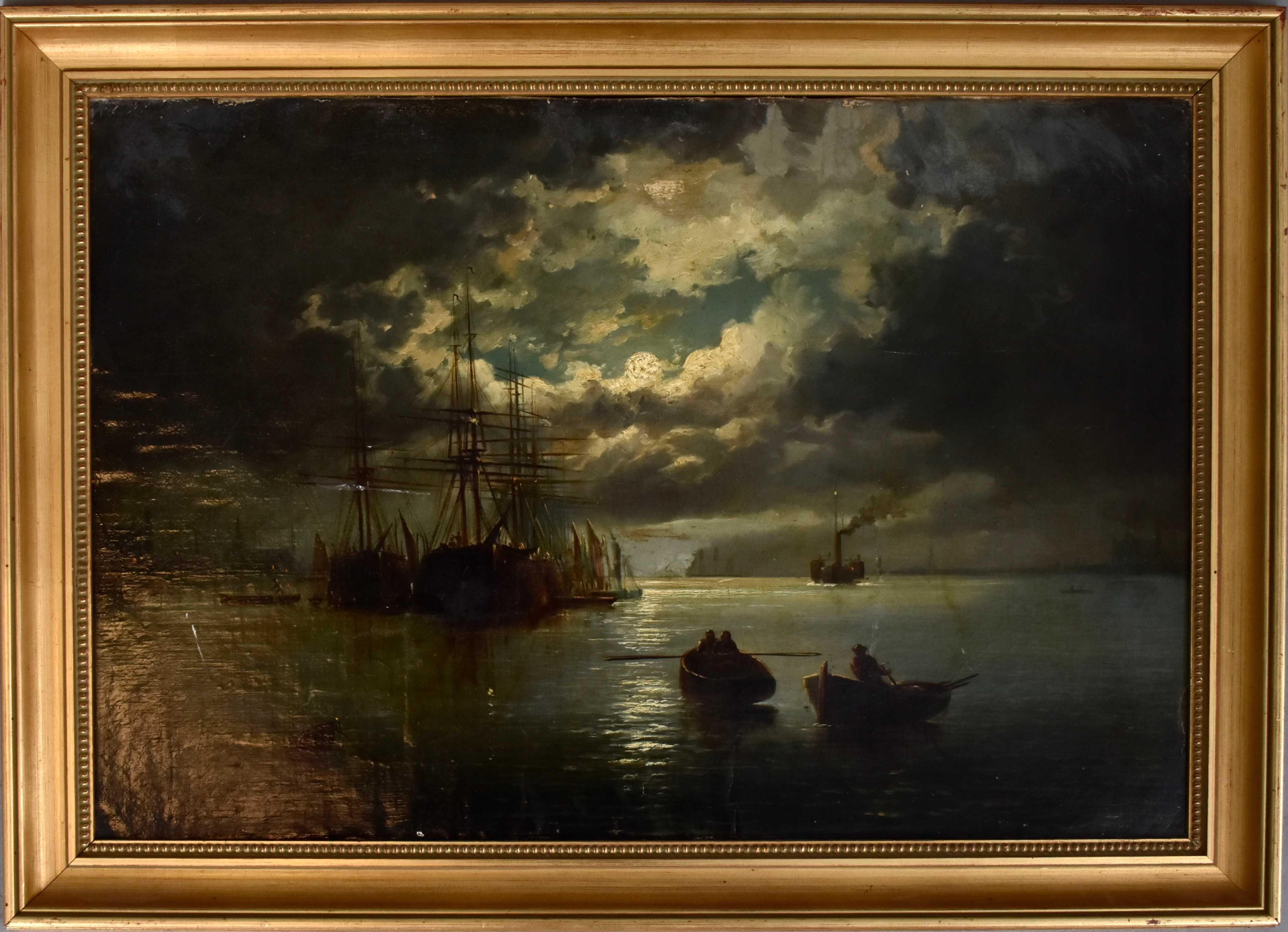 OKÄND KONSTNÄR. oljemålning på duk, lagd på pannå, 1800-talets mitt eller 2 hälft segelfartyg och hjulåmgare i flod.