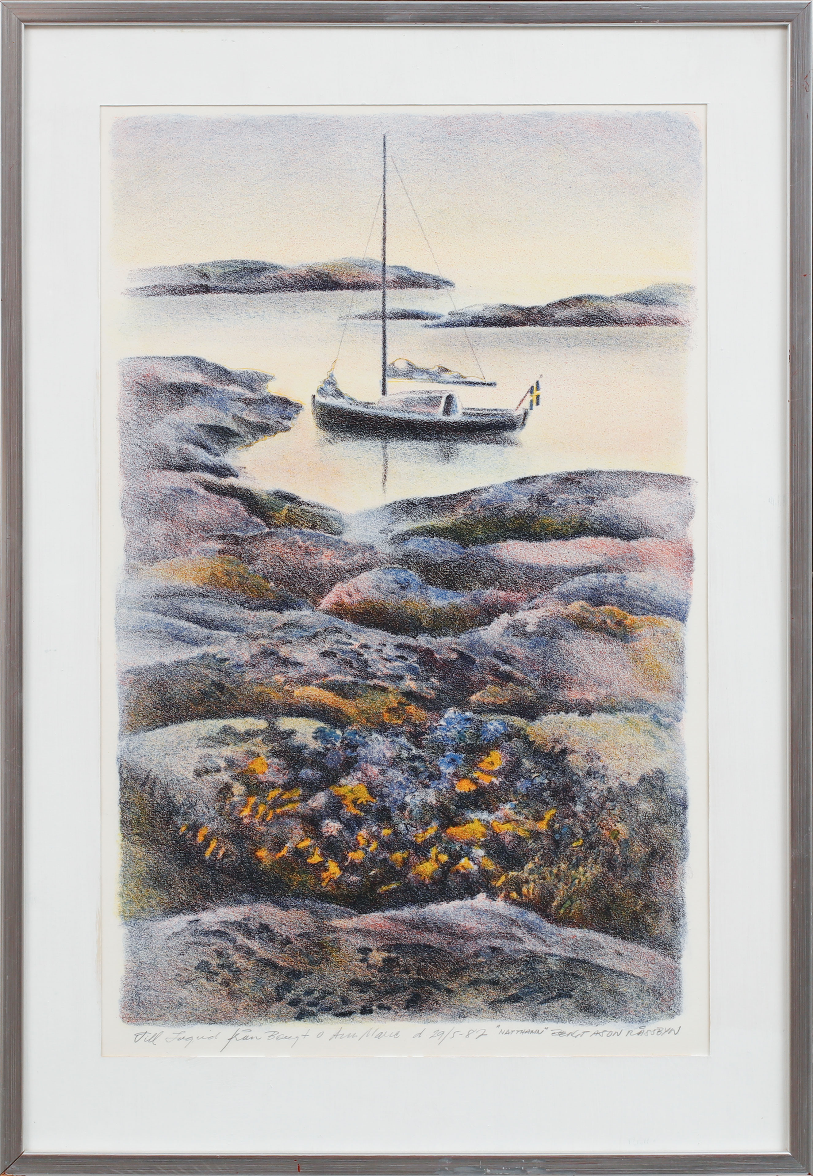 BENGT ANDERSSON RÅSSBYN. "Natthamn", färglitografi, signerad, med dedikation.