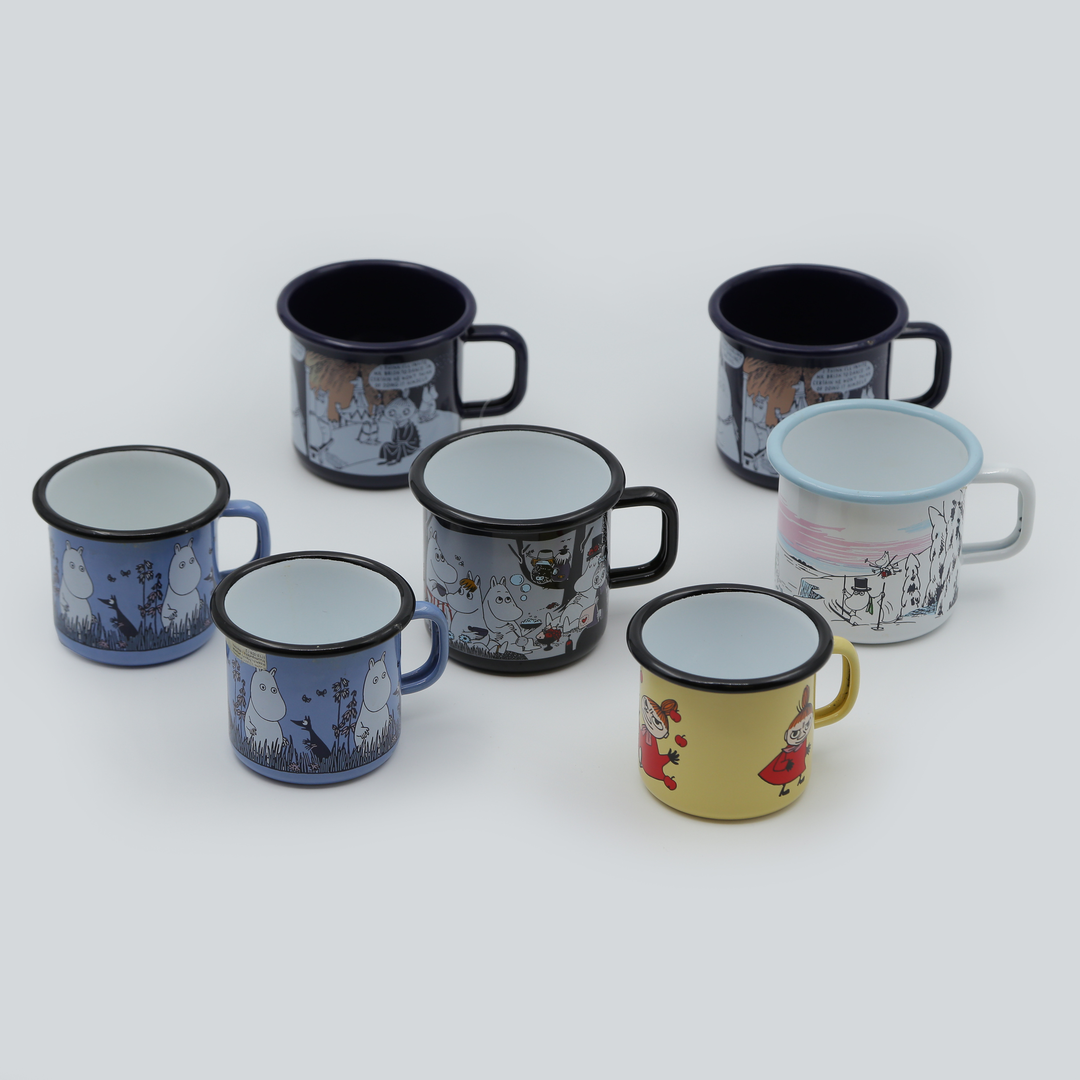 MUMINTROLLEN. 7 MUGGAR "MOOMIN" EMALJERAD, MUURLA, FINLAND.