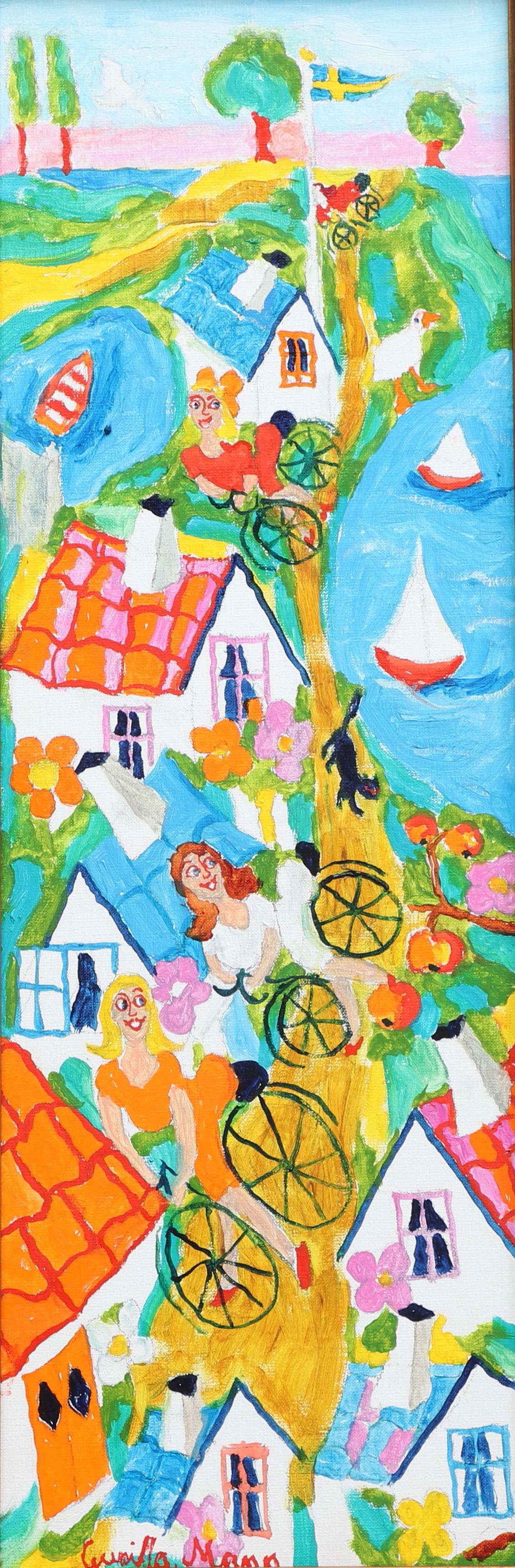 GUNILLA MANN. Olja på duk, cykelfärd, signerad.