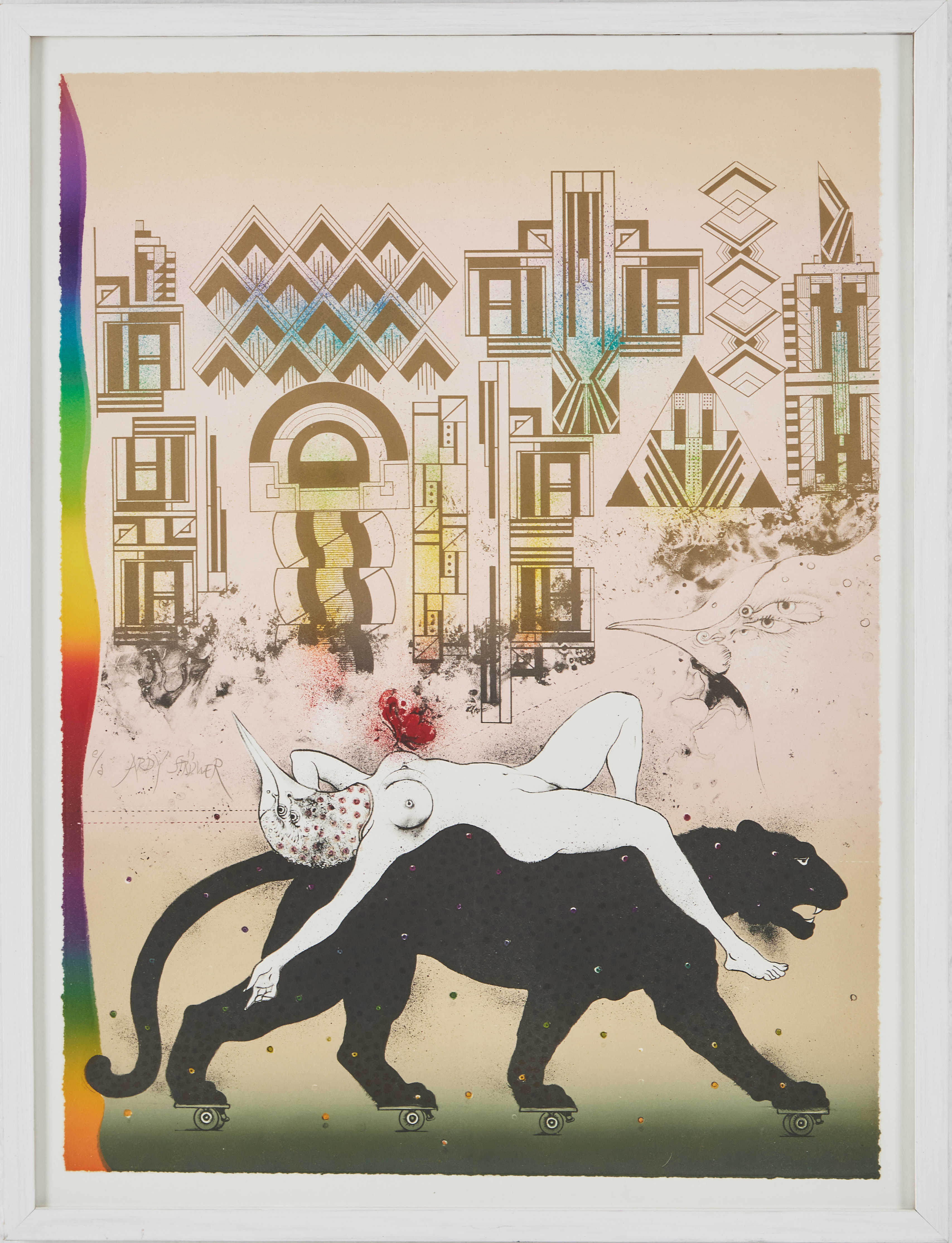 ARDY STRÜWER. "Art Deco dreamhunter" färglitografi, signerad, märkt e/a.